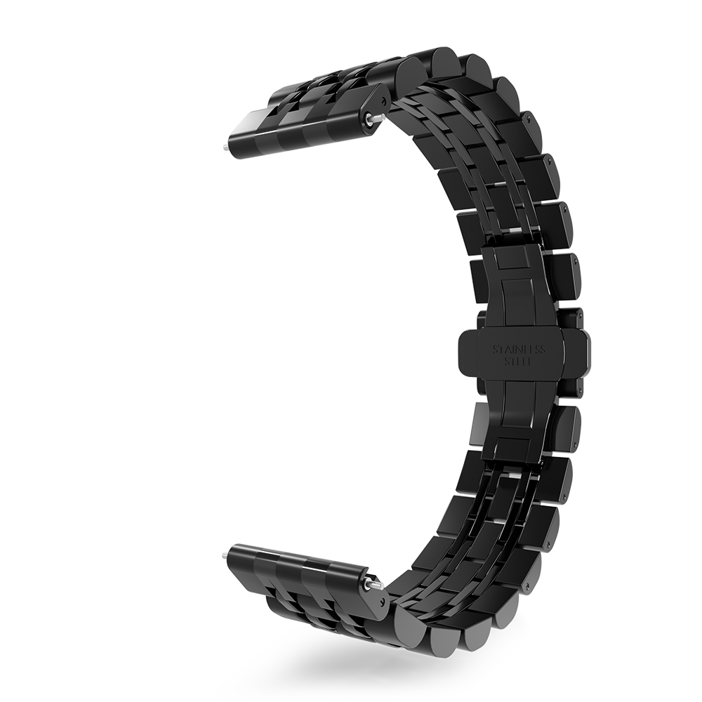 Ein gebogenes schwarzes Edelstahl-Uhrenarmband wird vor weißem Hintergrund gezeigt. Das Armband ist geöffnet und zeigt seine Glieder und Schließe.