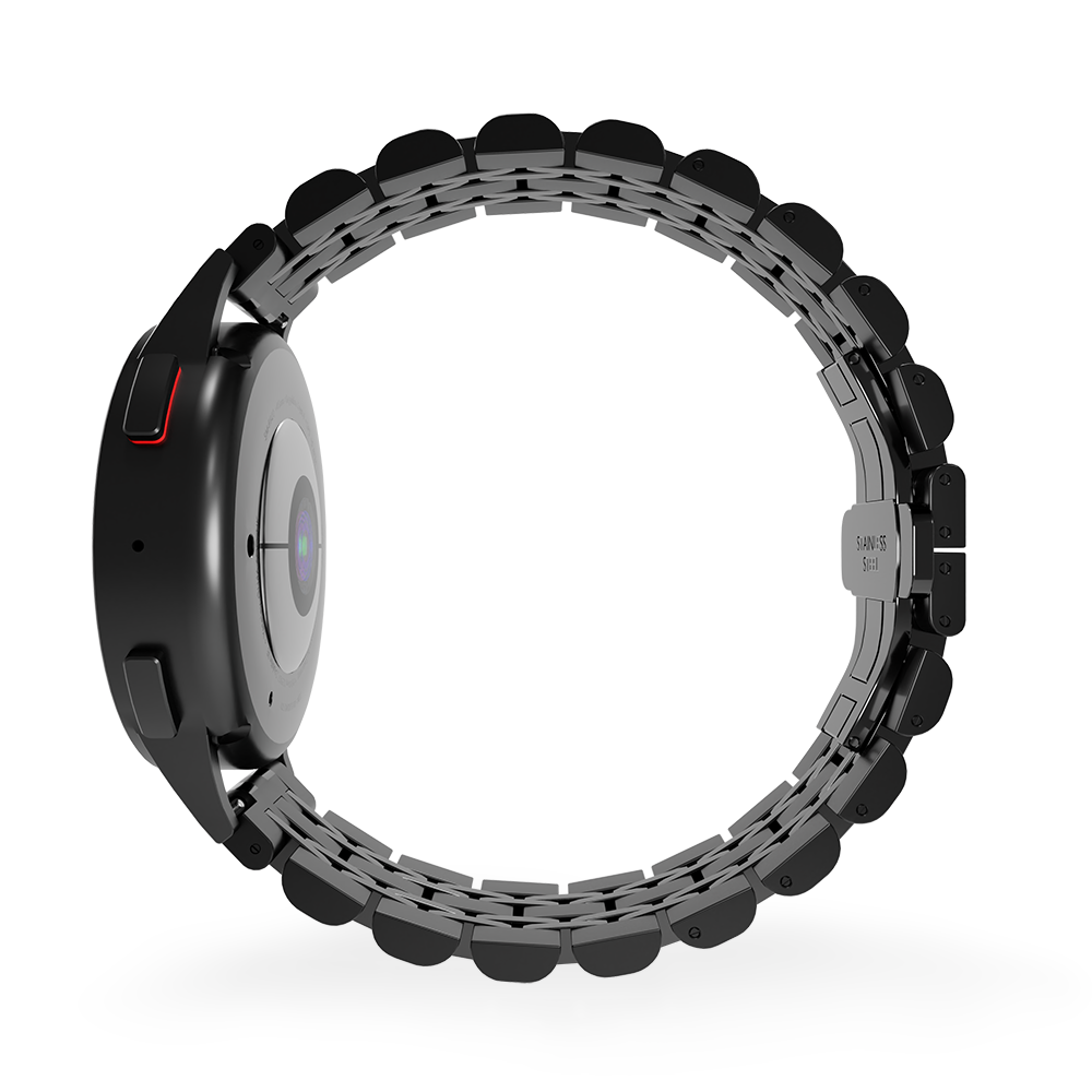 Eine schwarze Smartwatch mit Edelstahlarmband. Die Uhr ist im Profil, wodurch der Bildschirm und die Seitentasten zu sehen sind. Weißer Hintergrund.
