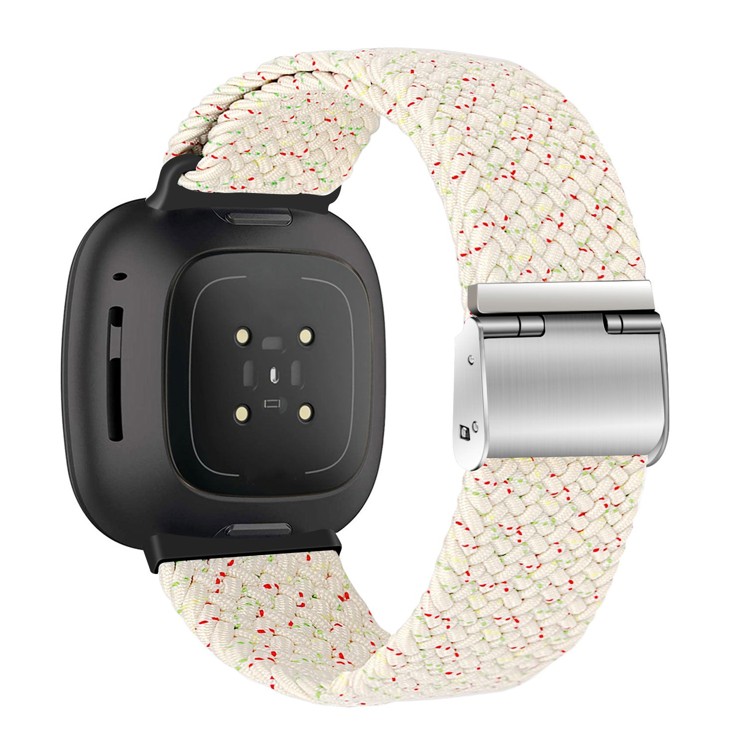 Eine schwarze Smartwatch mit einem cremefarbenen geflochtenen Armband, das mit roten und grünen Punkten übersät ist. Das Armband hat eine silberne Schließe.
