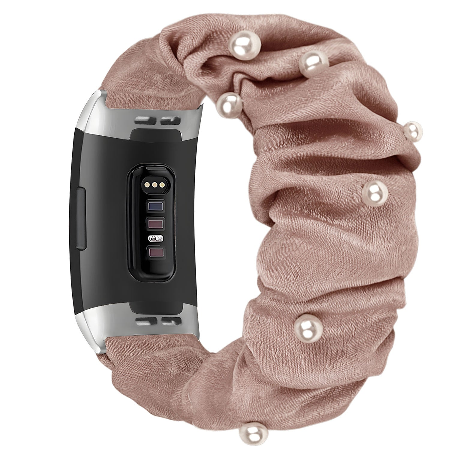 Ein schwarzer und silberner Fitnesstracker mit einem blushfarbenen Scrunchie, der mit Perlen verziert ist.