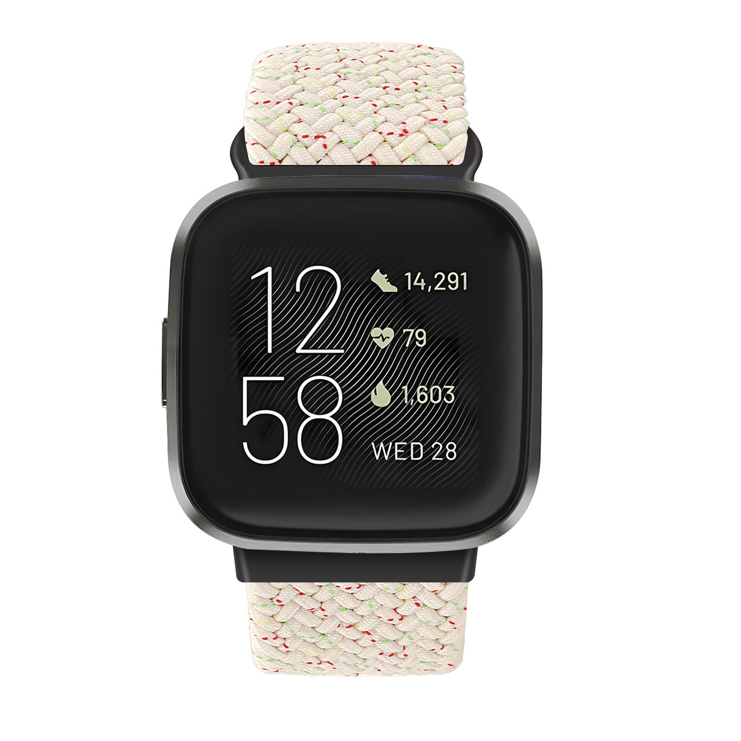 Eine schwarze Smartwatch zeigt Zeit, Schritte und Datum an. Sie hat ein cremefarbenes Band mit roten und grünen Akzenten.