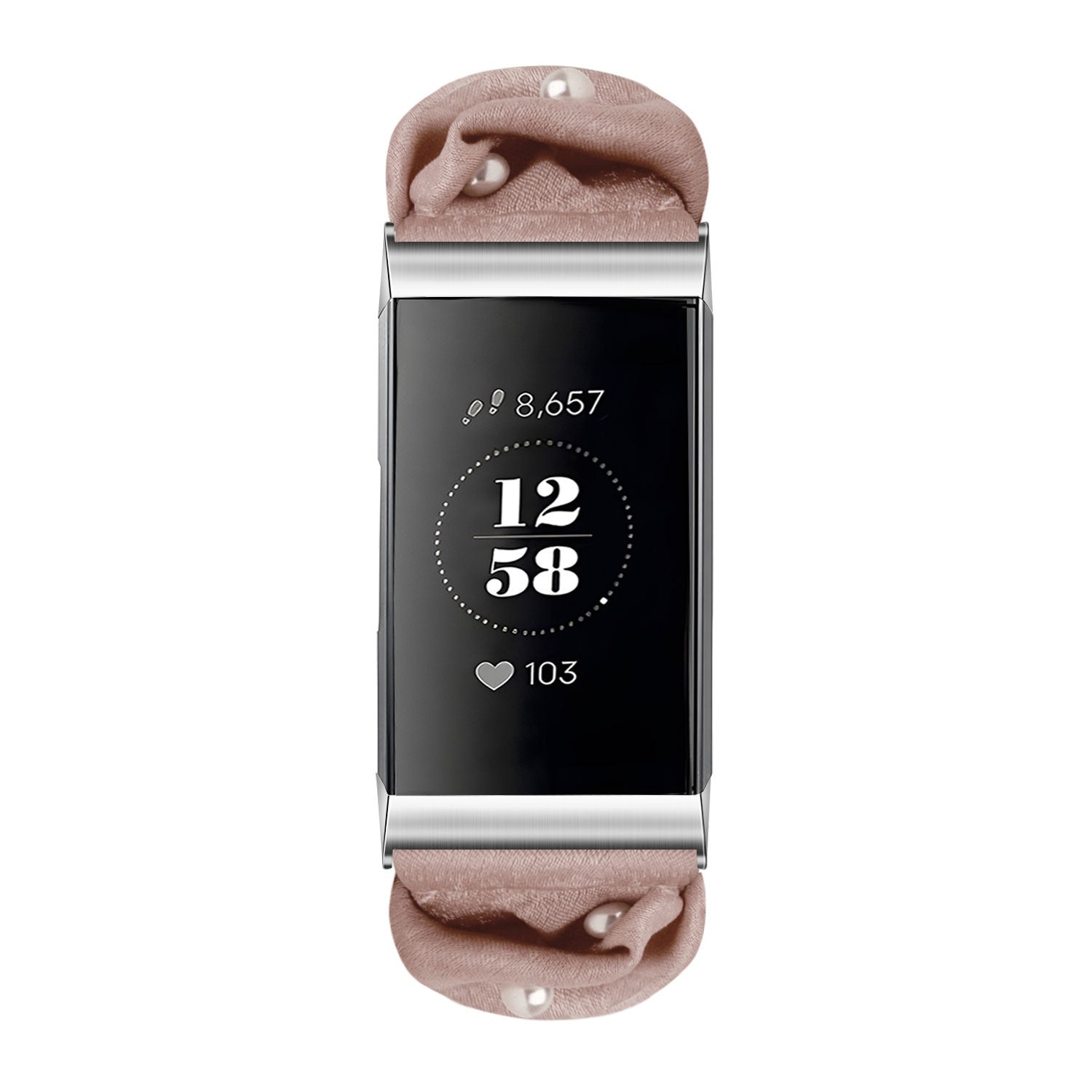 Eine Smartwatch mit schwarzem Bildschirm zeigt Uhrzeit und Aktivitätsdaten an, mit einem rosafarbenen Stoffband. Perlen sind am Band befestigt.