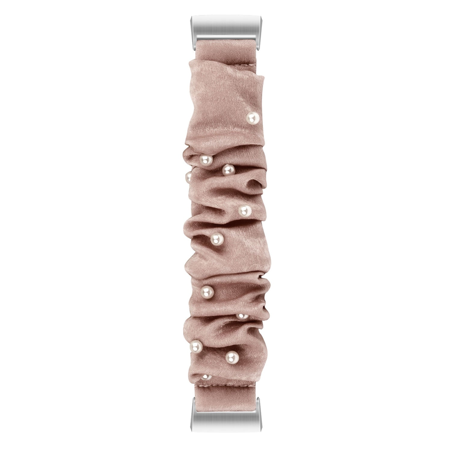 Ein Armband im Scrunchie-Stil in Hellrosa mit silbernen Verschlüssen. Es hat Perlen und ist vor weißem Hintergrund.