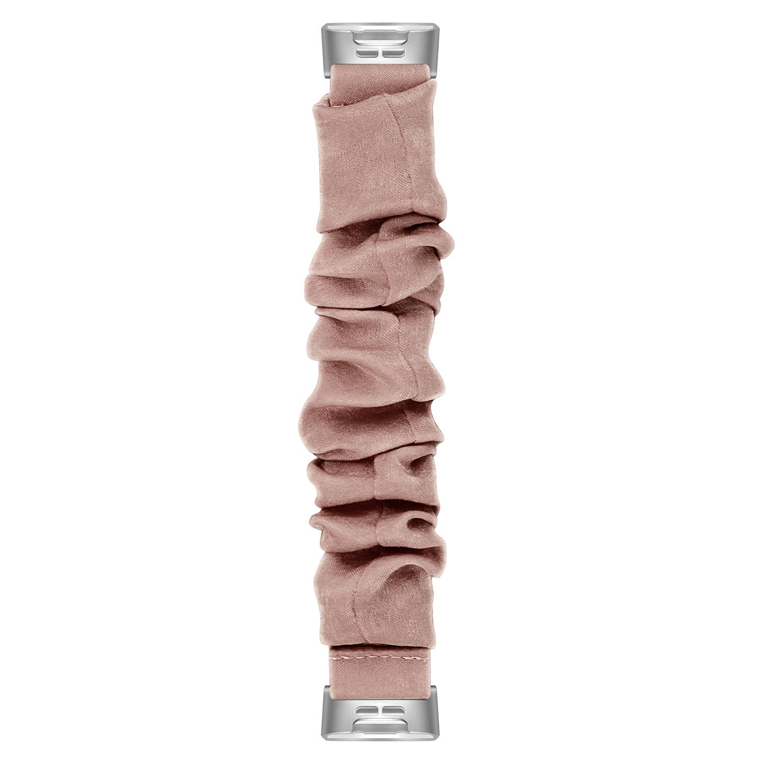 Ein hellrosa Stoff-Uhrenarmband, in gerafftem Stil. Silberne Metallverbinder oben und unten, vor weißem Hintergrund.