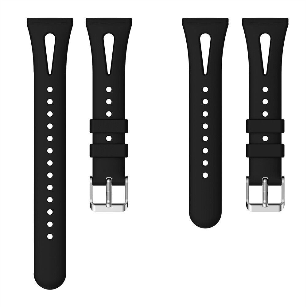 Vier schwarze Uhrenarmbänder werden angezeigt. Jedes hat eine Schnalle. Sie haben kleine Löcher und eine rechteckige Form.