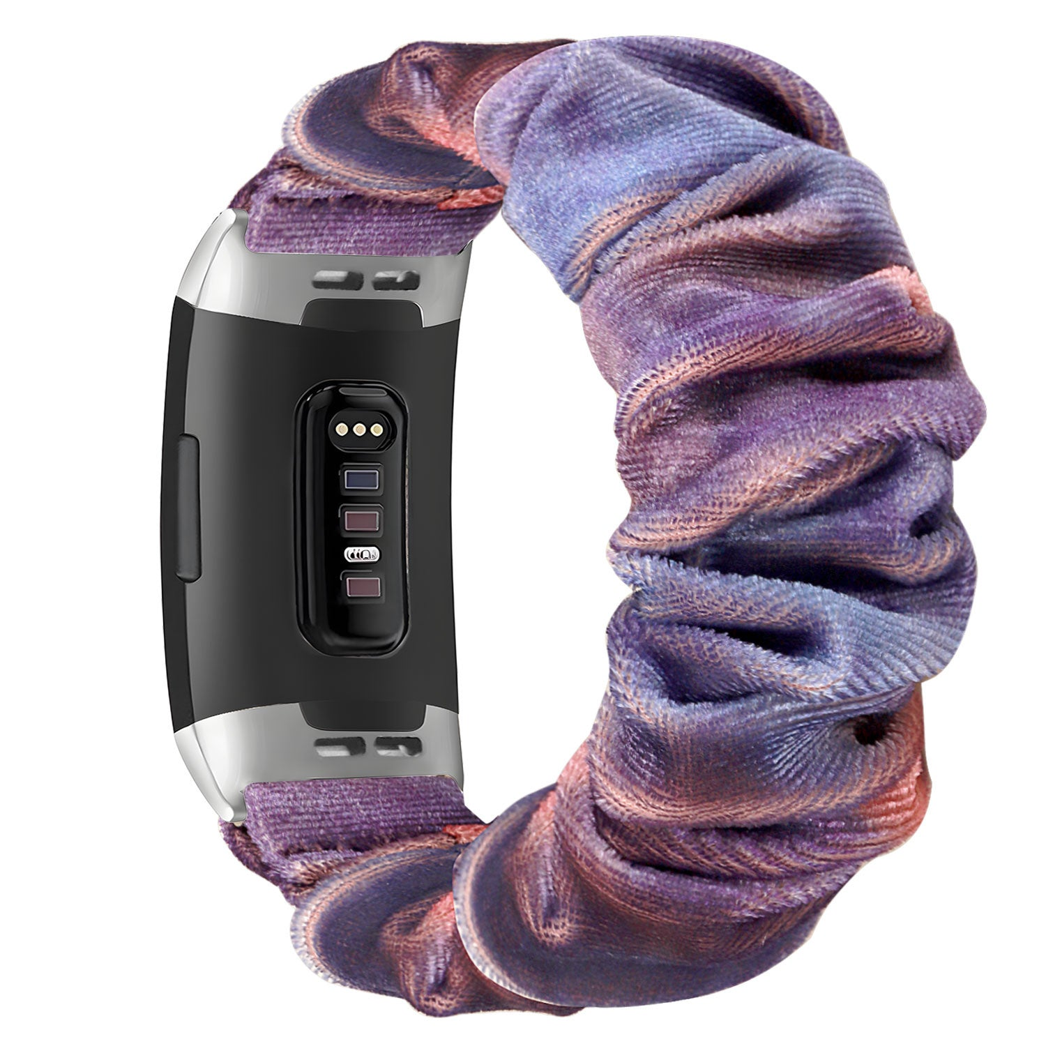 Ein Fitnesstracker mit schwarzem Bildschirm und einem lila-rosa gemusterten Scrunchie-Band.