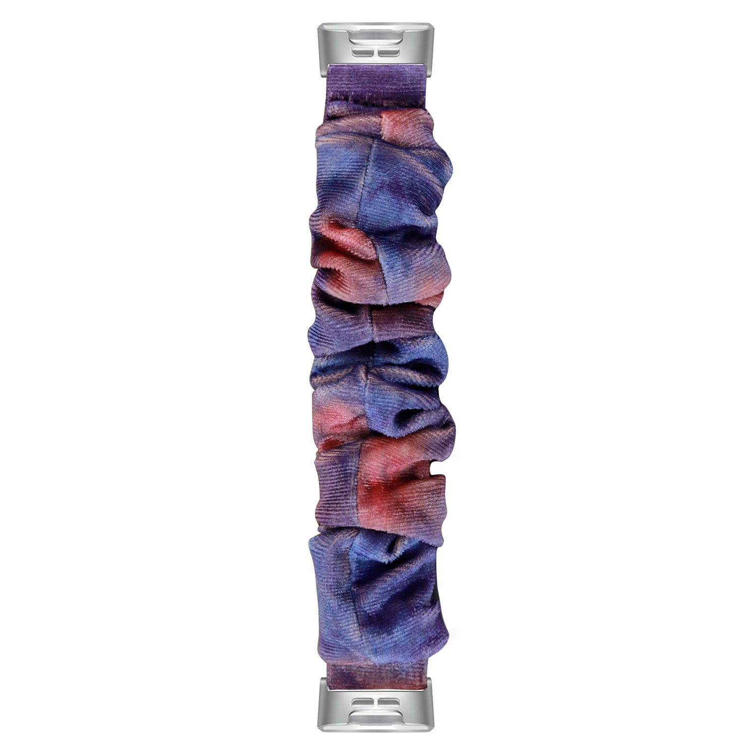 Ein Armband mit einem Batikmuster aus Blau, Lila und Rot, mit silbernen Verschlüssen an beiden Enden, vor weißem Hintergrund.