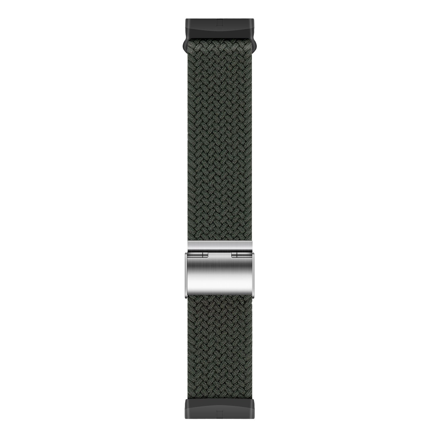 Ein dunkelgrünes gewebtes Uhrenarmband mit schwarzen Anschlüssen und einer silbernen Schnalle auf weißem Hintergrund.