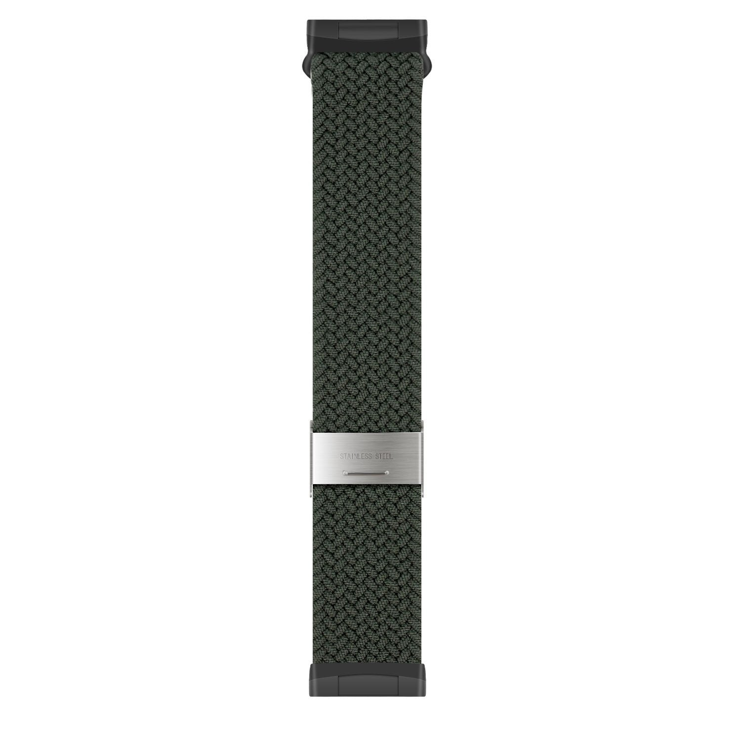 Ein Uhrenarmband ist vertikal zentriert. Es ist dunkelgrün, gewebt, mit Edelstahlschnalle. Schwarze Anschlüsse oben und unten.