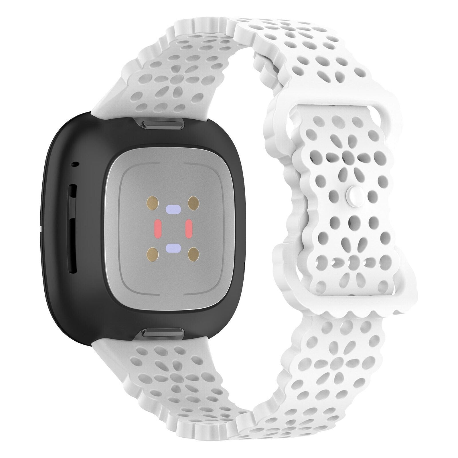Schwarze Smartwatch mit weißem perforiertem Armband. Die Uhr hat einen grauen Bildschirm. Das Armband ist verschnallt.