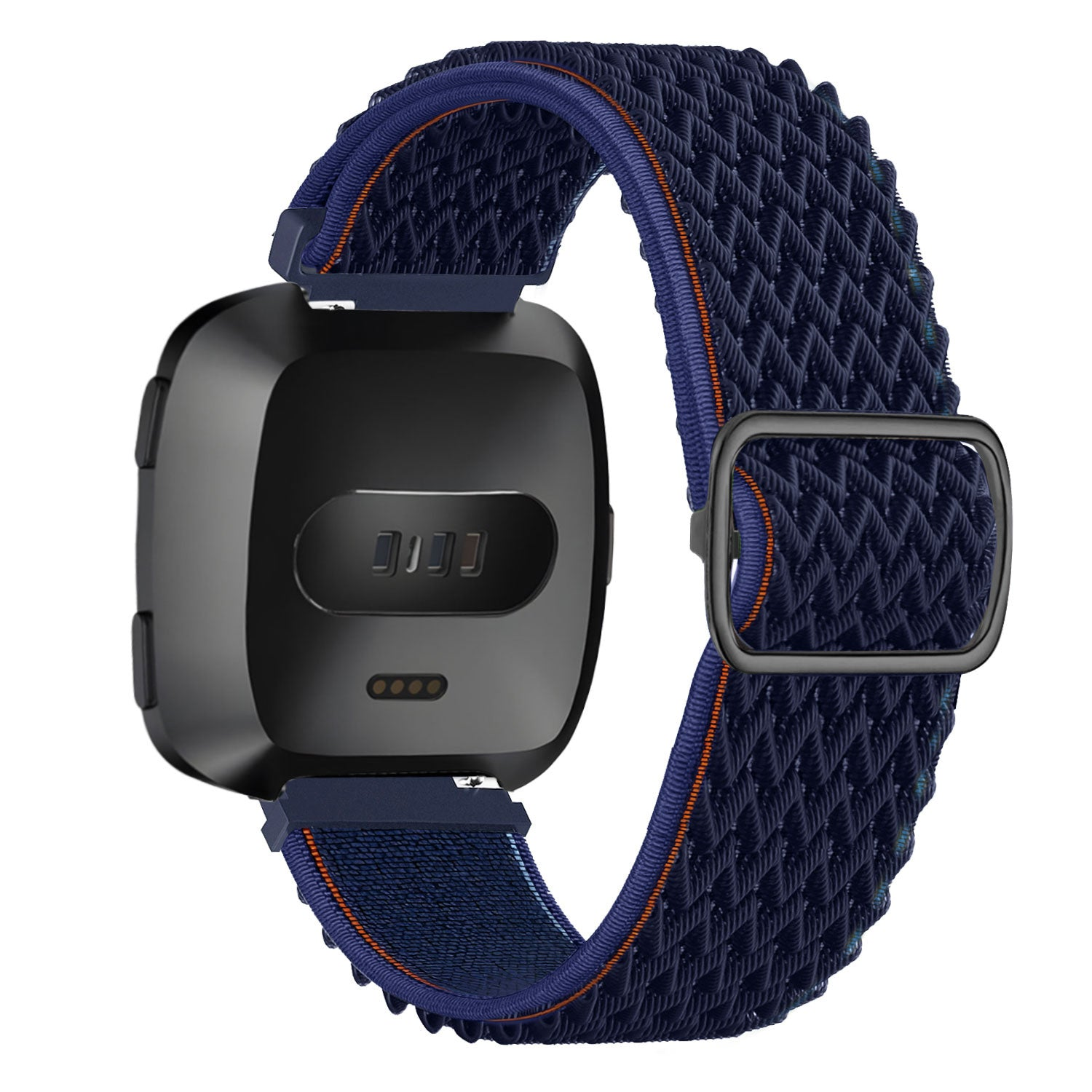 Schwarze Smartwatch mit dunkelblauem geflochtenem Armband. Das Band hat orangefarbene Akzente und eine schwarze Schnalle. Der Bildschirm der Uhr ist schwarz.