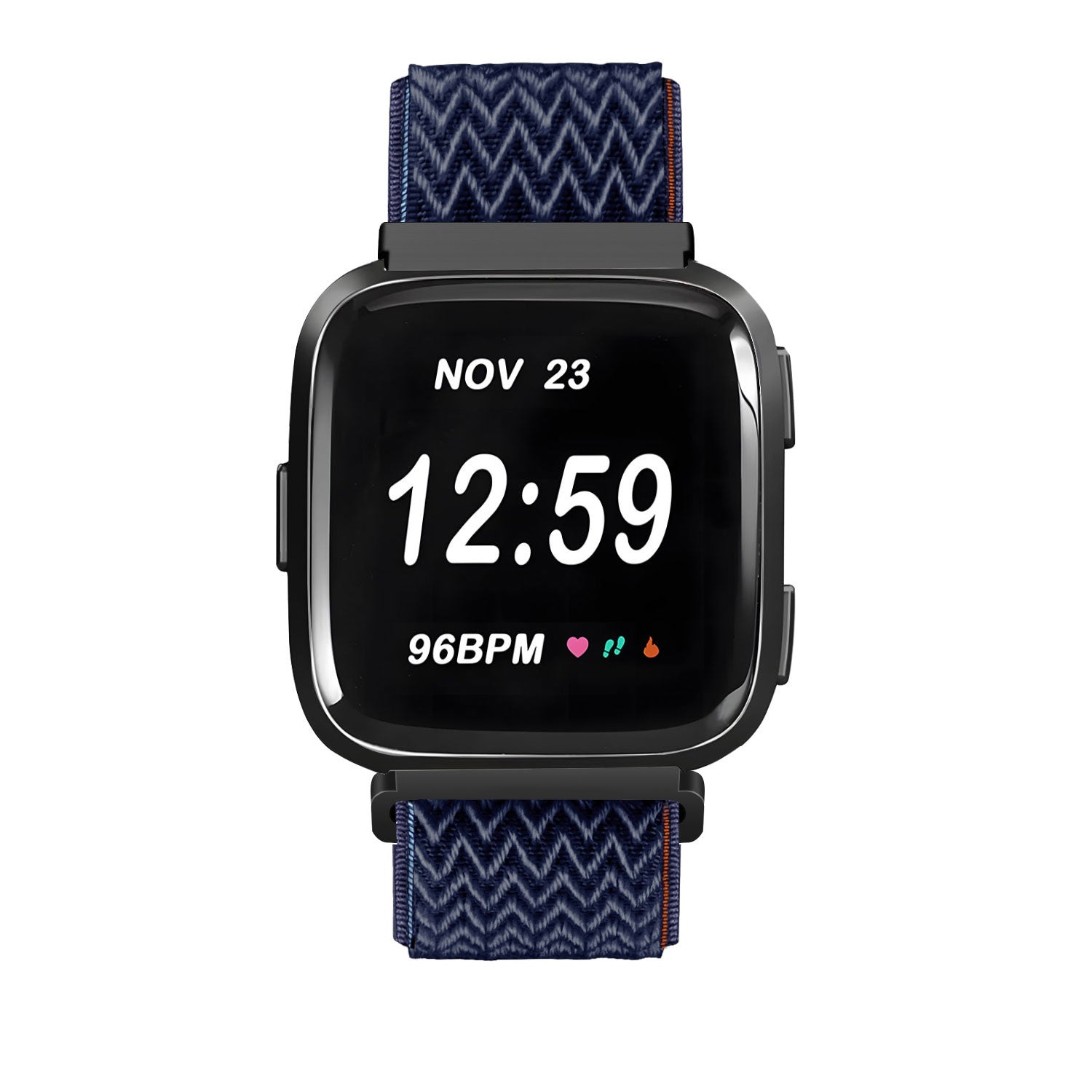 Eine Smartwatch mit schwarzem Bildschirm zeigt 12:59, 23. Nov. und 96 BPM an. Sie hat ein blaues Musterband auf weißem Hintergrund.