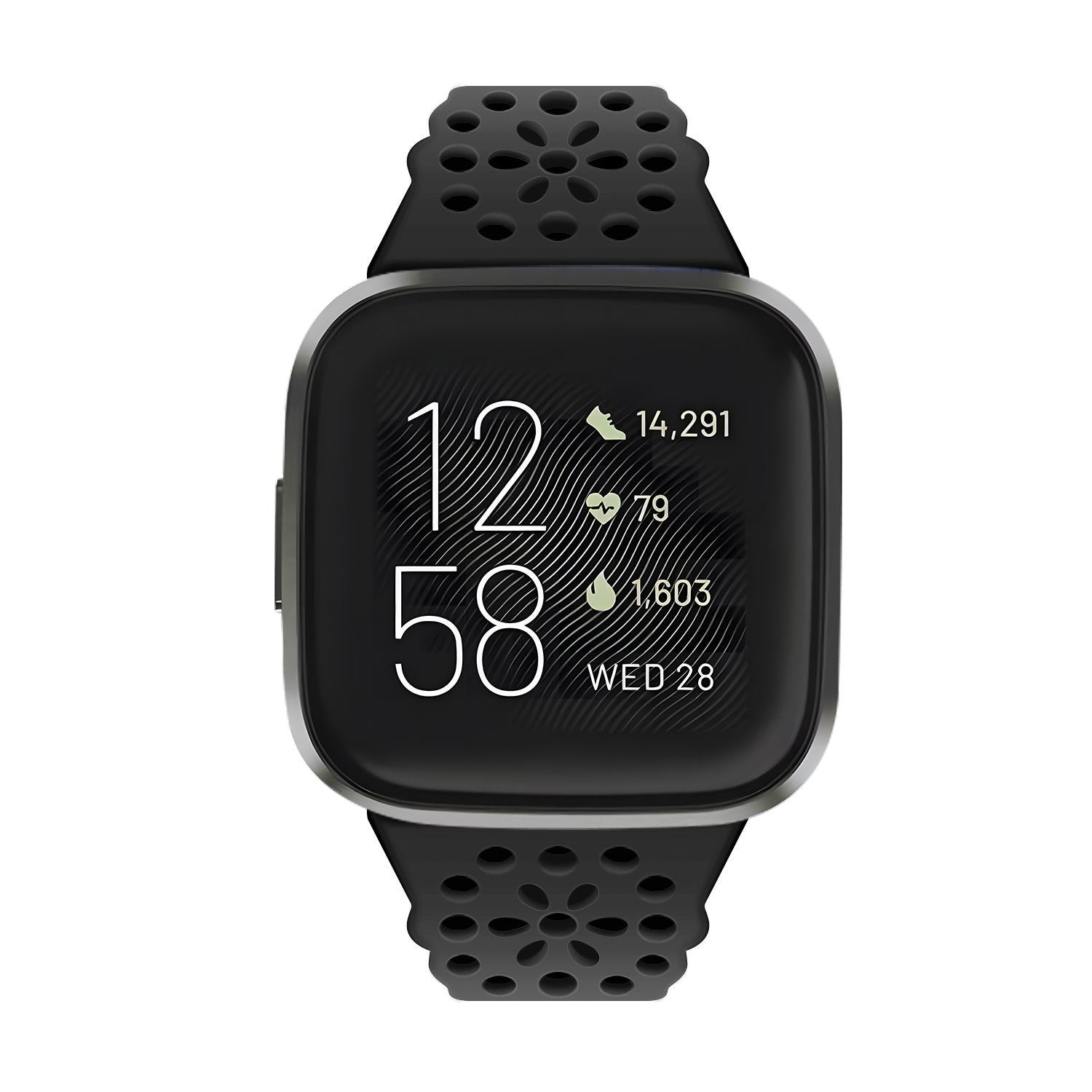 Eine schwarze Smartwatch zeigt die Uhrzeit: 12:58 Uhr. Sie zeigt auch Schritte, Herzfrequenz und Kalorienverbrauch.