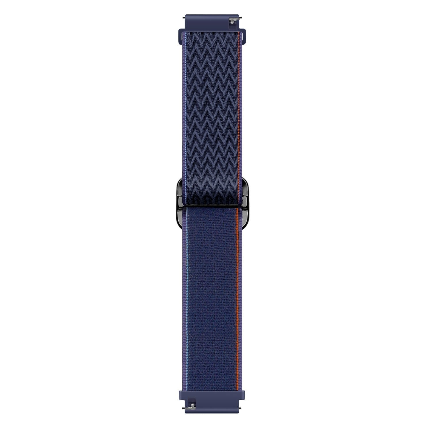 Ein marineblaues Uhrenarmband mit einem gemusterten oberen Teil und einem einfarbigen unteren Teil mit orangefarbenen und weißen Akzenten.