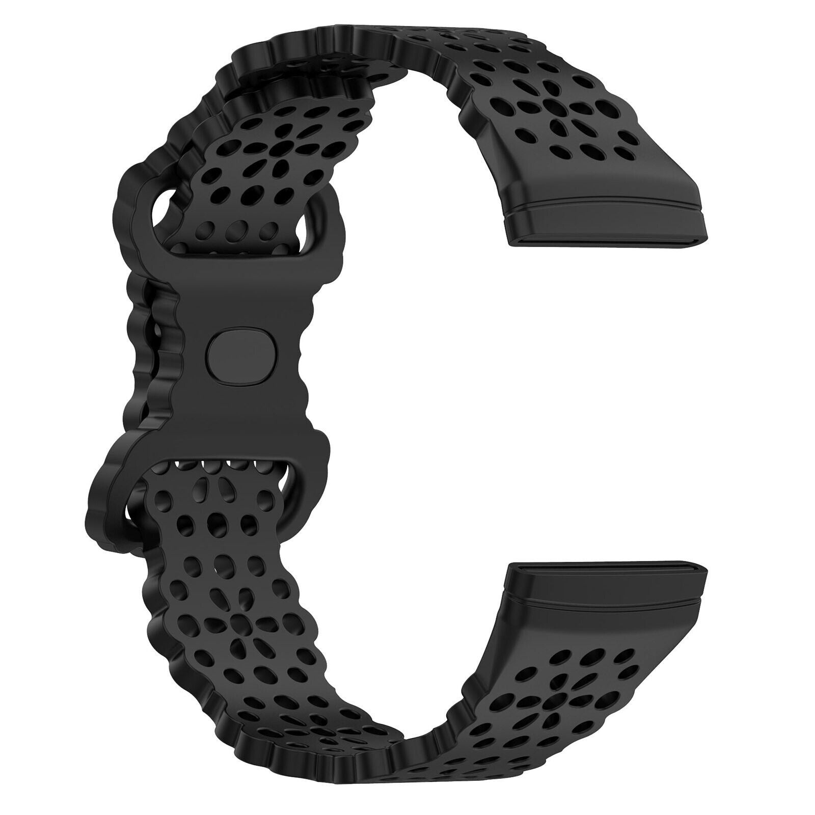 Schwarzes Uhrenarmband mit Löchern und einem Verschluss. Das Band ist gebogen und hat eine strukturierte Oberfläche.