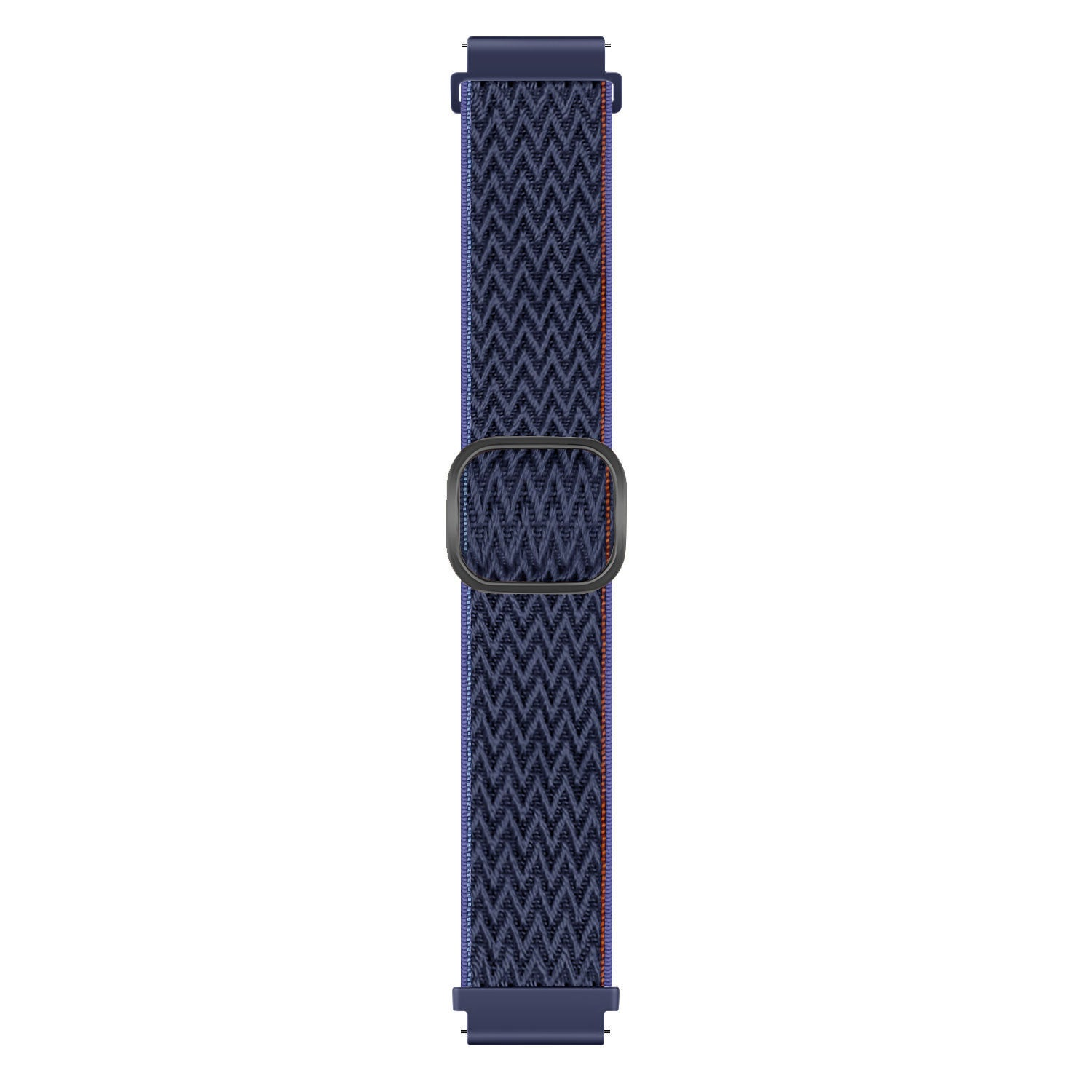 Ein dunkelblaues Uhrenarmband mit gewebtem Muster, roten und violetten Akzentstreifen und einer schwarzen Schnalle.