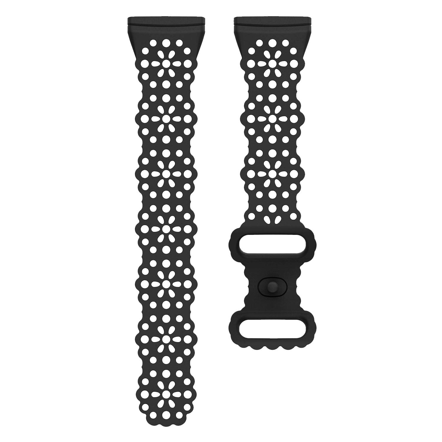 Zwei schwarze Uhrenarmbänder. Eines mit Löchern im Blumenmuster, das andere mit Verschluss. Beide auf weißem Hintergrund.