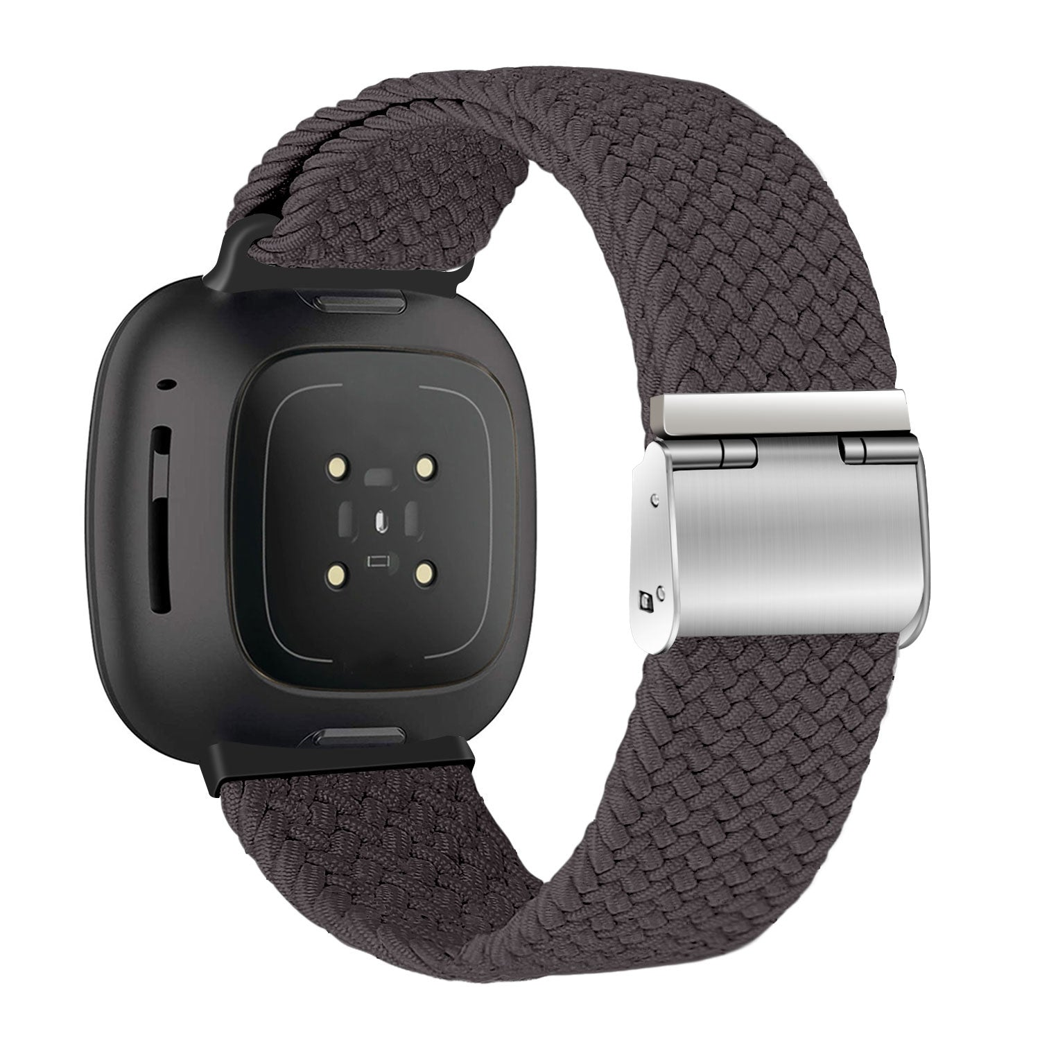 Eine schwarze Smartwatch mit grauem geflochtenem Armband. Das Armband hat einen silbernen Verschluss. Das Zifferblatt hat Sensoren.