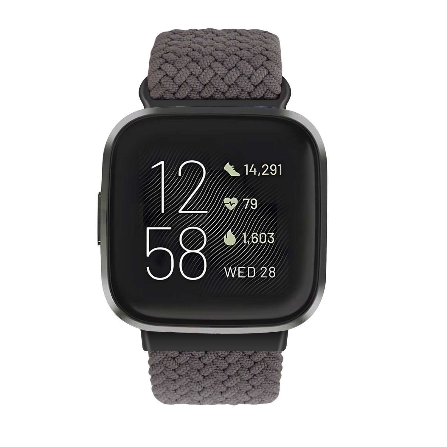 Eine schwarze Smartwatch mit grauem gewebtem Band zeigt Zeit und Gesundheitsdaten an. Der Bildschirm zeigt 12:58, Schritte, Herzfrequenz und Datum.