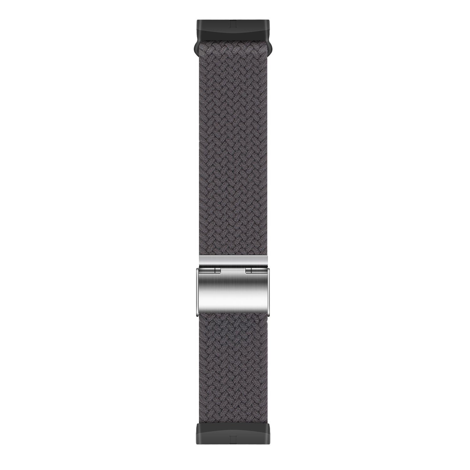 Ein graues, gewebtes Armband mit schwarzen Anschlüssen und einer silbernen Schließe, isoliert auf weißem Hintergrund.