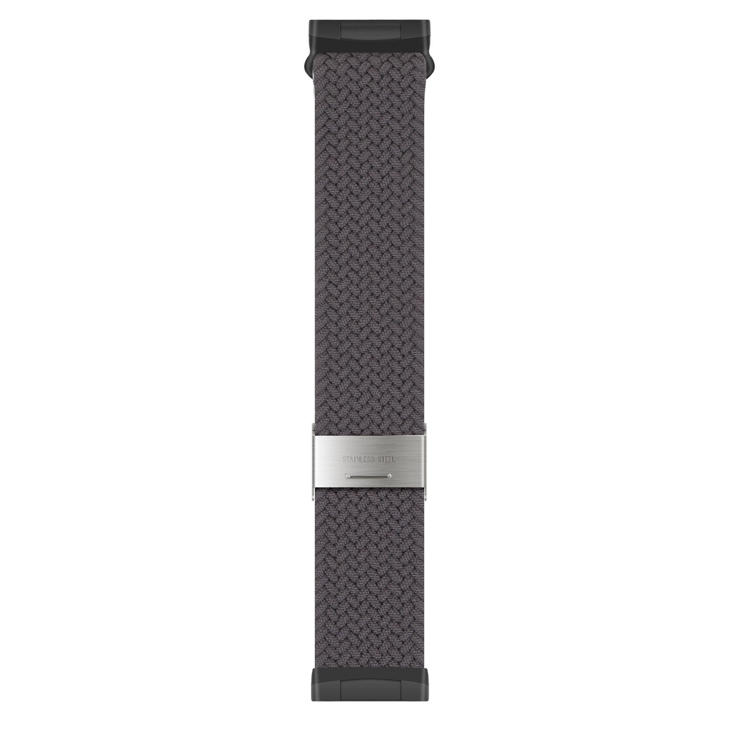 Ein graues, gewebtes Uhrenarmband mit Edelstahlverschluss. Das Armband hat an beiden Enden schwarze Anschlüsse.