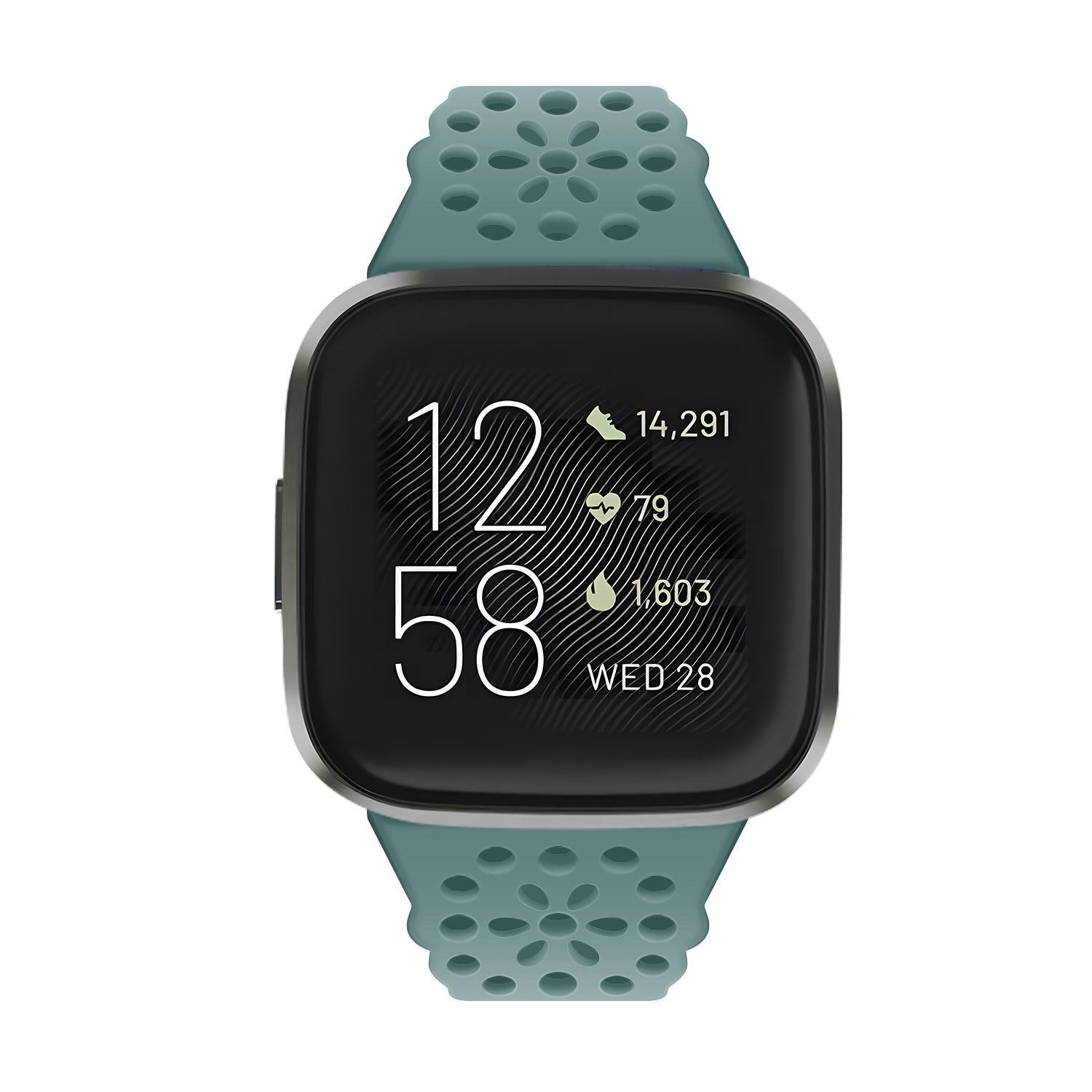 Eine türkisfarbene Smartwatch zeigt die Uhrzeit 12:58 und Statistiken an. Das Armband ist türkis mit Löchern. Silbernes Gehäuse, schwarzer Bildschirm, weiße Zahlen.
