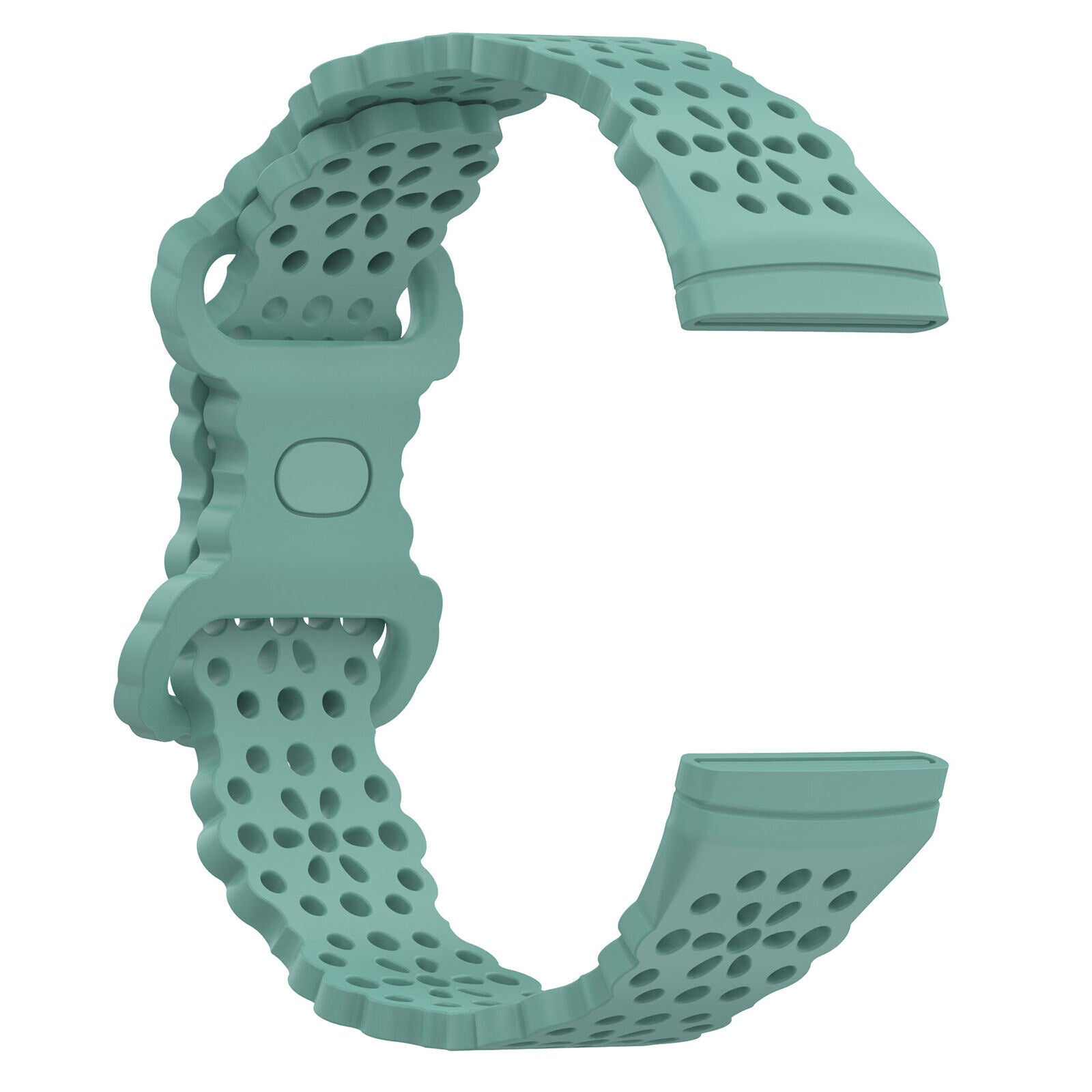 Ein hellgrünes Uhrenarmband. Es hat viele Löcher und einen Verschluss in der Mitte. Das Armband befindet sich auf weißem Hintergrund.