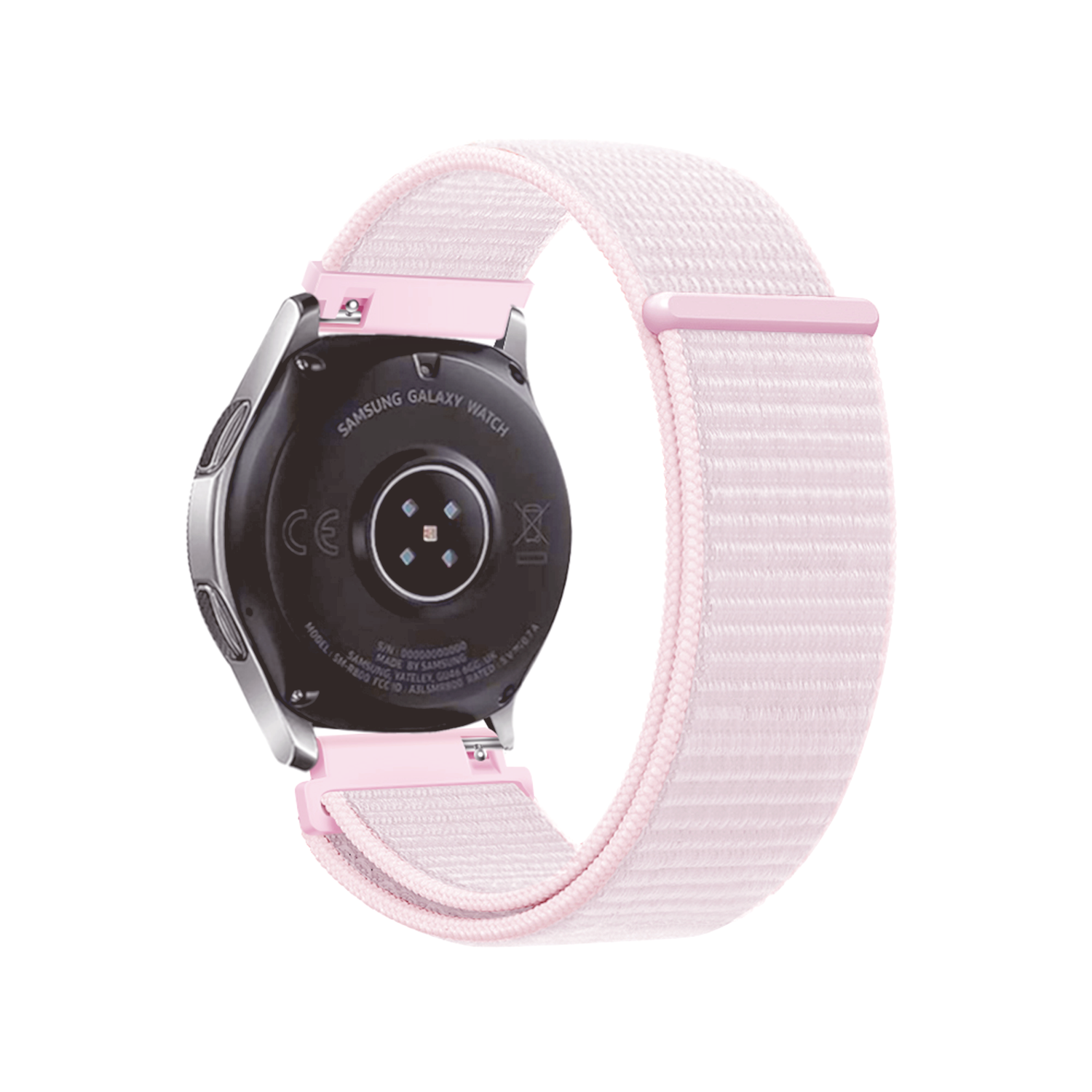 Eine Samsung Galaxy-Uhr mit hellrosa Armband. Das Zifferblatt ist schwarz mit silbernen Rändern.