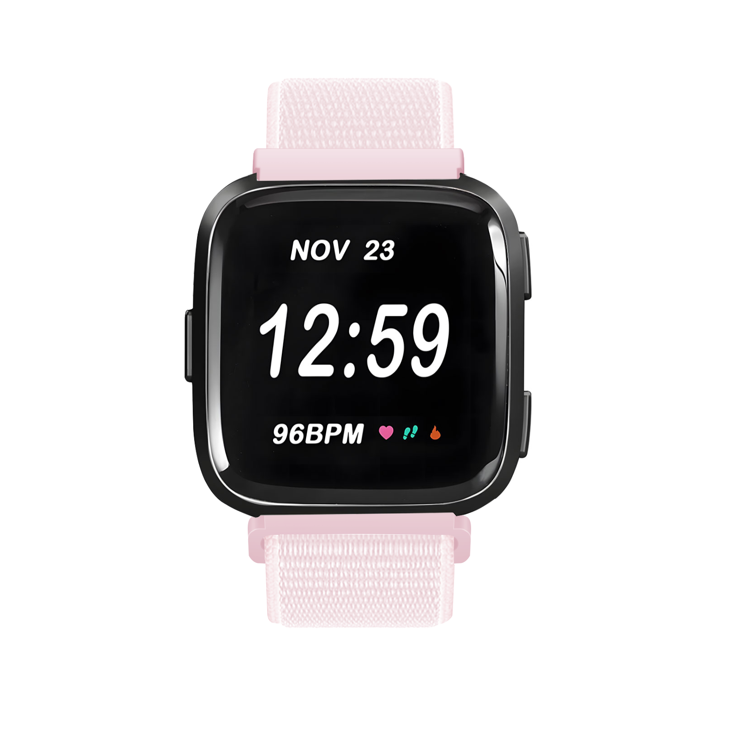 Eine schwarze Smartwatch zeigt "NOV 23 12:59" mit rosa Band. Sie zeigt Herzfrequenz und andere Gesundheits-Icons.