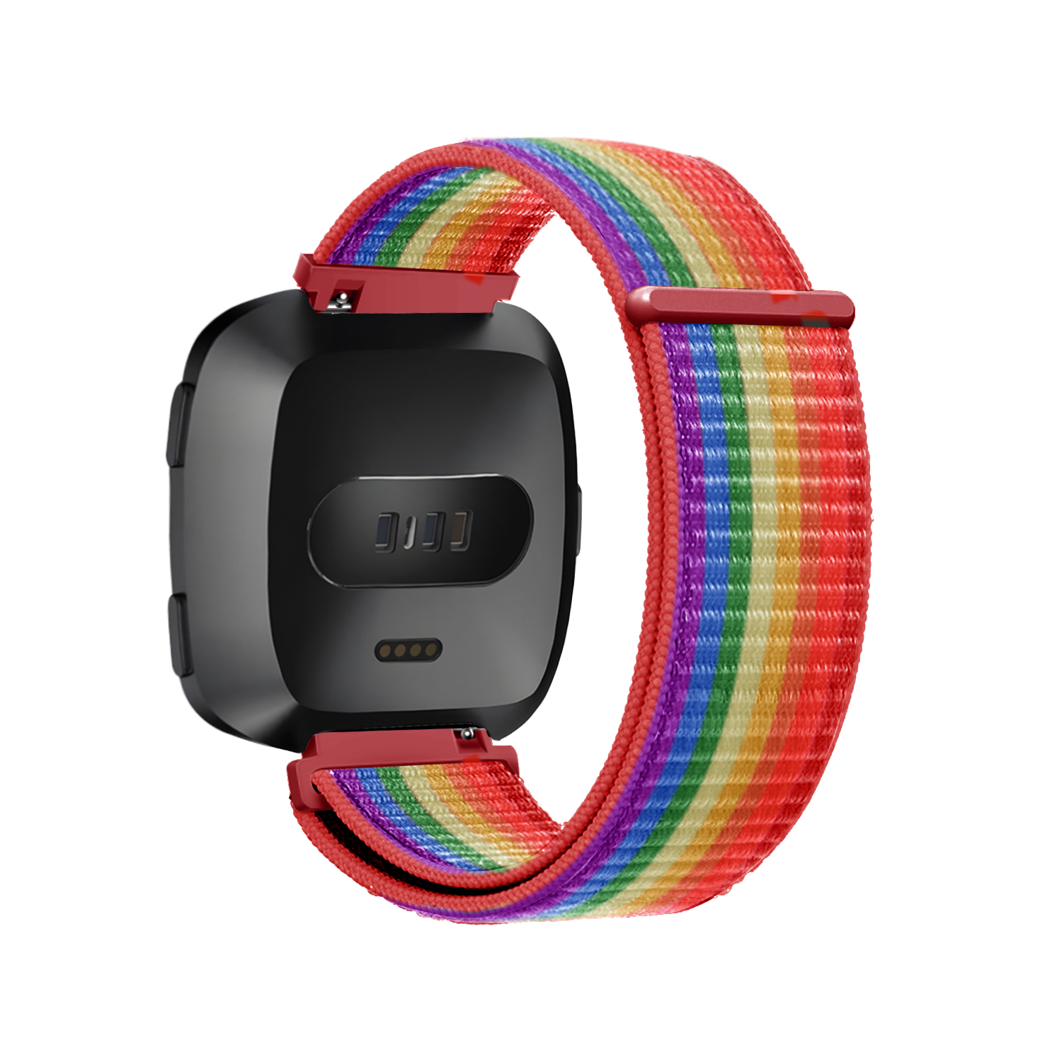 Eine schwarze Smartwatch mit einem Pride-Armband in Regenbogenfarben. Der Hintergrund ist schlicht weiß.