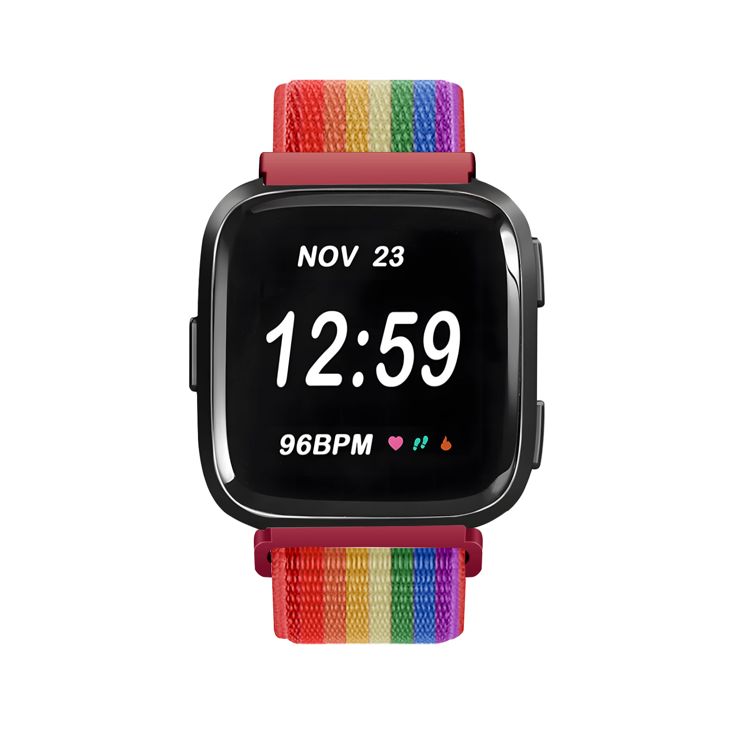 Eine Smartwatch zeigt am 23. Nov. 12:59 Uhr mit einem Regenbogenarmband. Sie zeigt 96BPM, Herz- und Ausrufezeichen-Symbole.