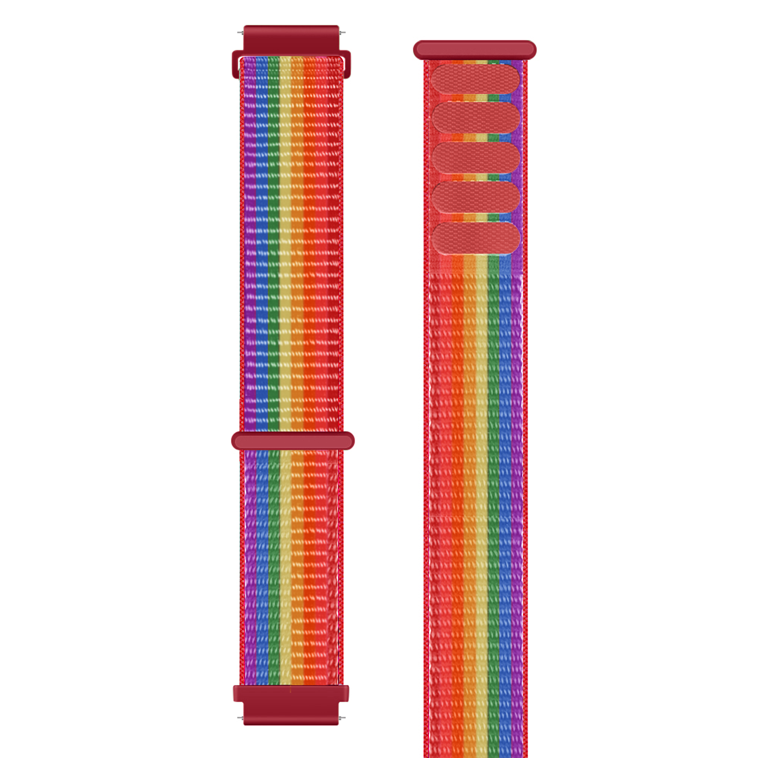 Zwei Uhrenarmbänder. Eines ist befestigt, das andere separat. Beide haben Regenbogenfarben und weinrote Aufsätze.