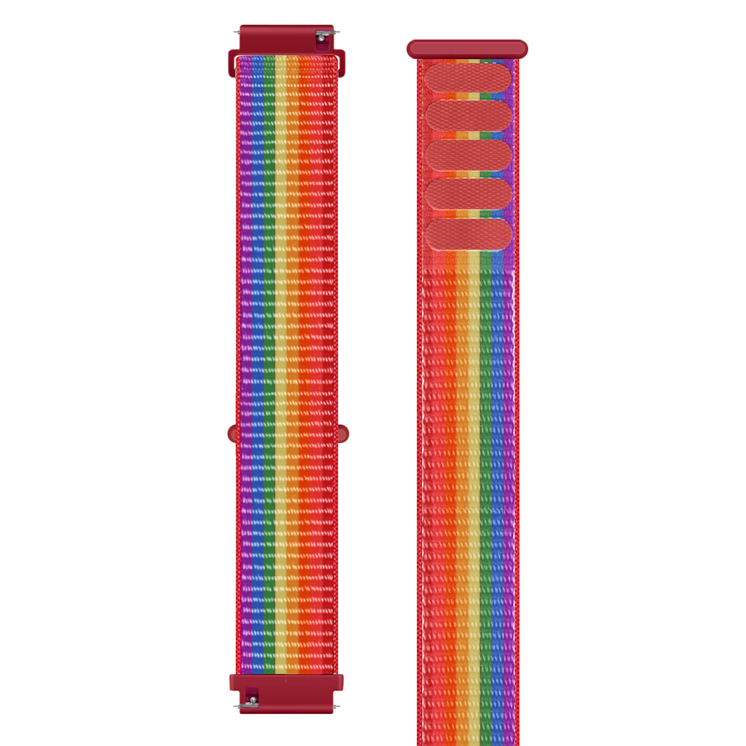 Zwei Armbänder. Jeder Riemen ist rot und hat ein Regenbogenmuster. Die Riemen sind vertikal ausgerichtet.