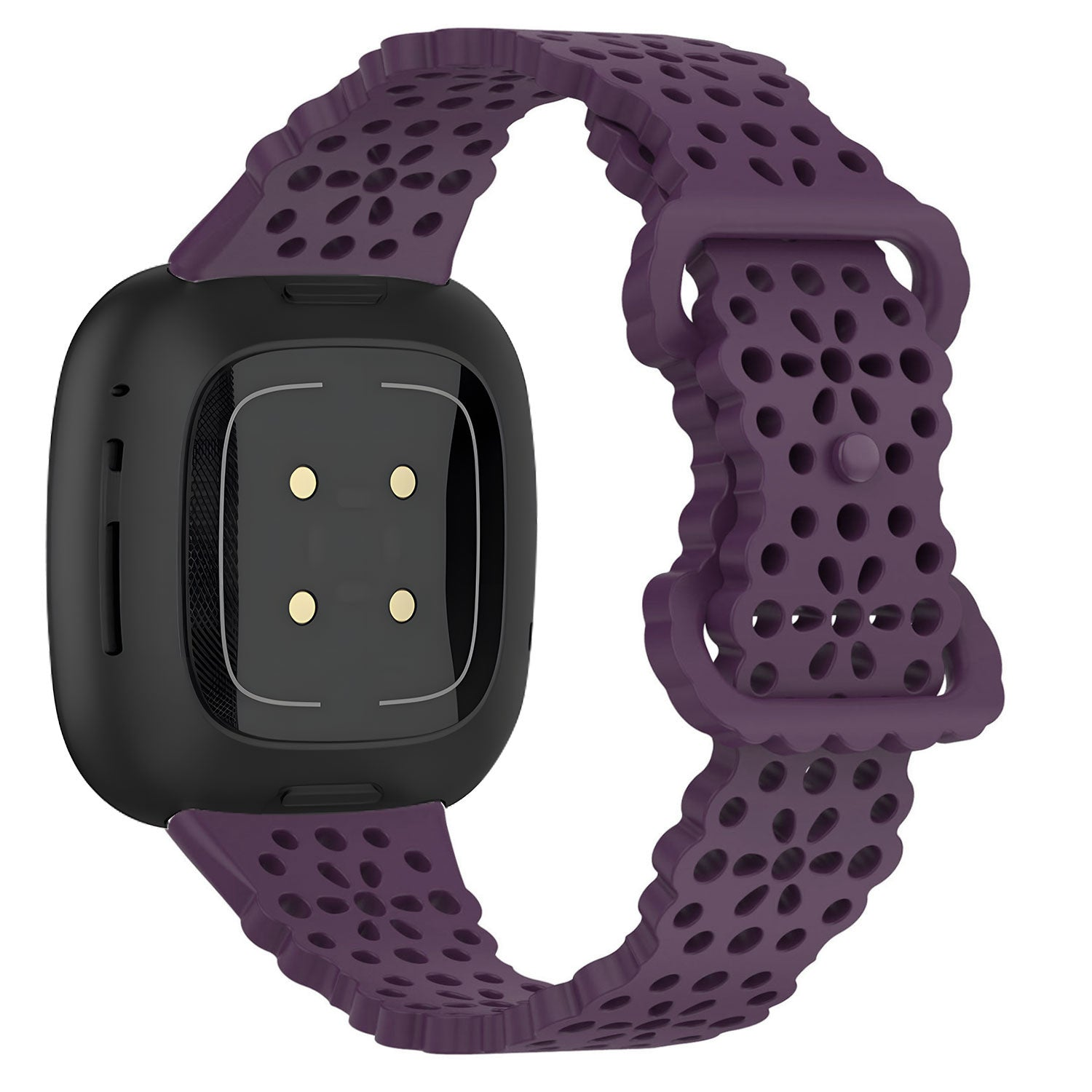 Eine schwarze Smartwatch mit lila Armband. Das Armband hat Löcher. Die Uhr zeigt zwei gelbe Punkte und einen Bildschirm.