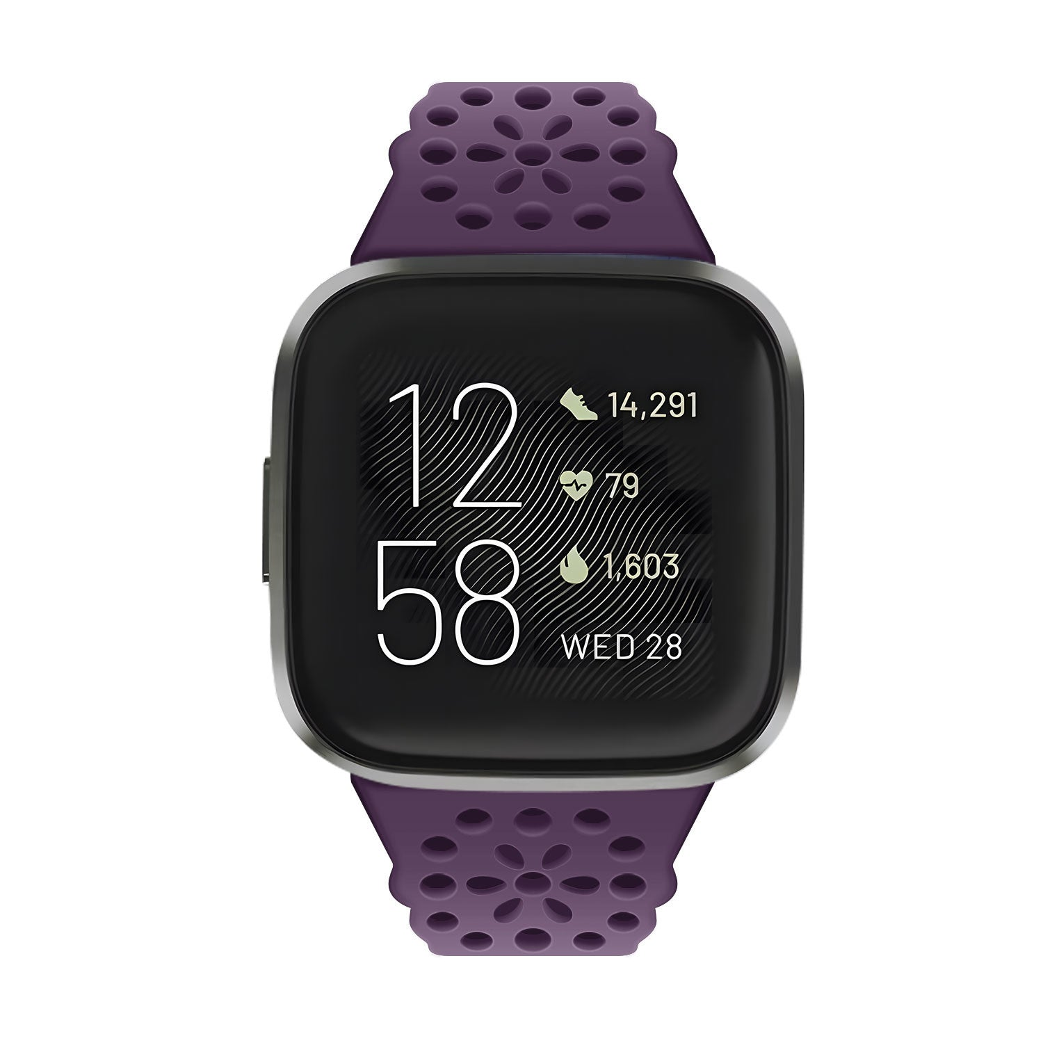 Eine violette Smartwatch mit schwarzem Bildschirm, der Zeit und Statistiken anzeigt. Die Uhr hat ein perforiertes lilafarbenes Armband.