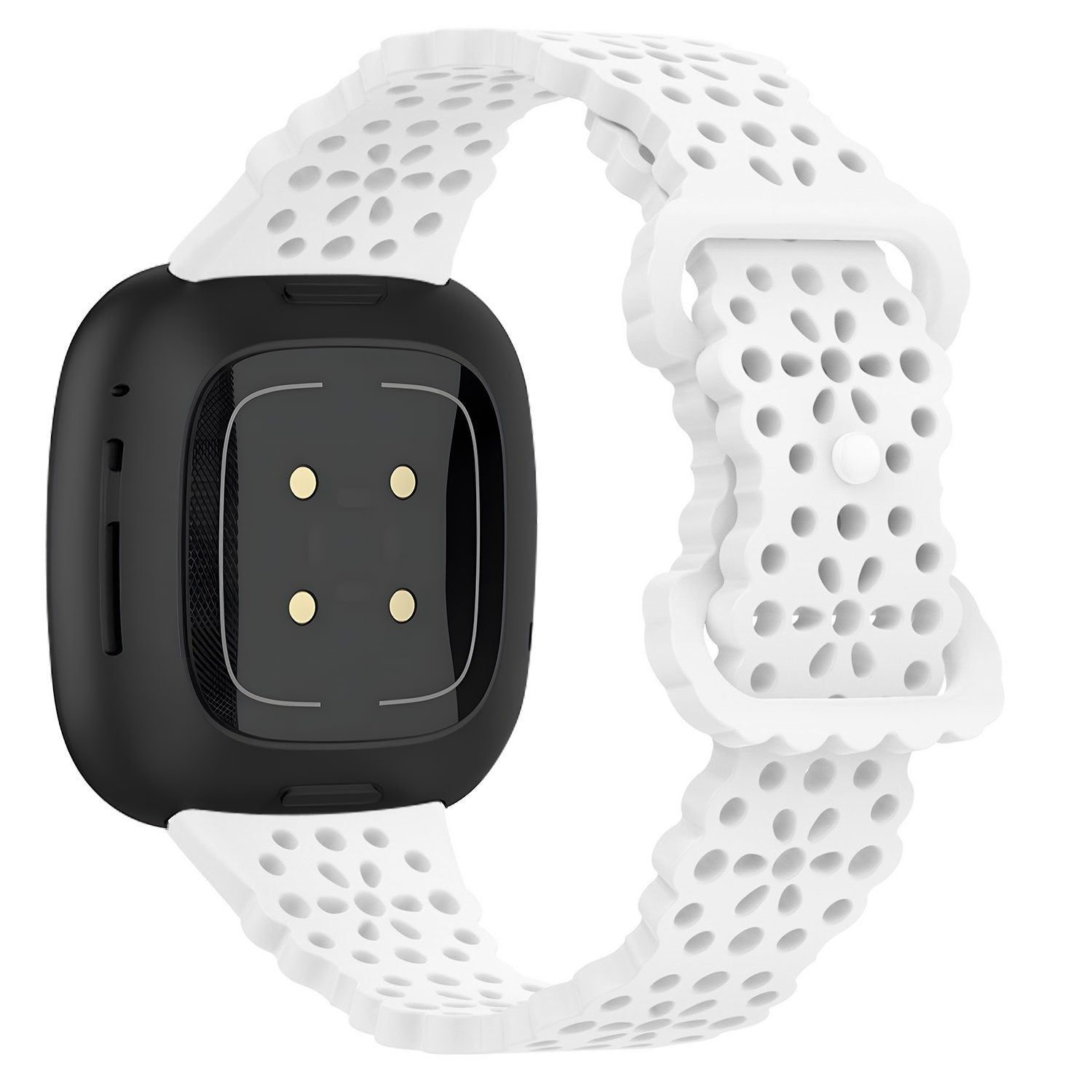 Eine schwarze Smartwatch mit weißem perforiertem Armband. Das Zifferblatt ist schwarz mit zwei goldfarbenen Punkten.
