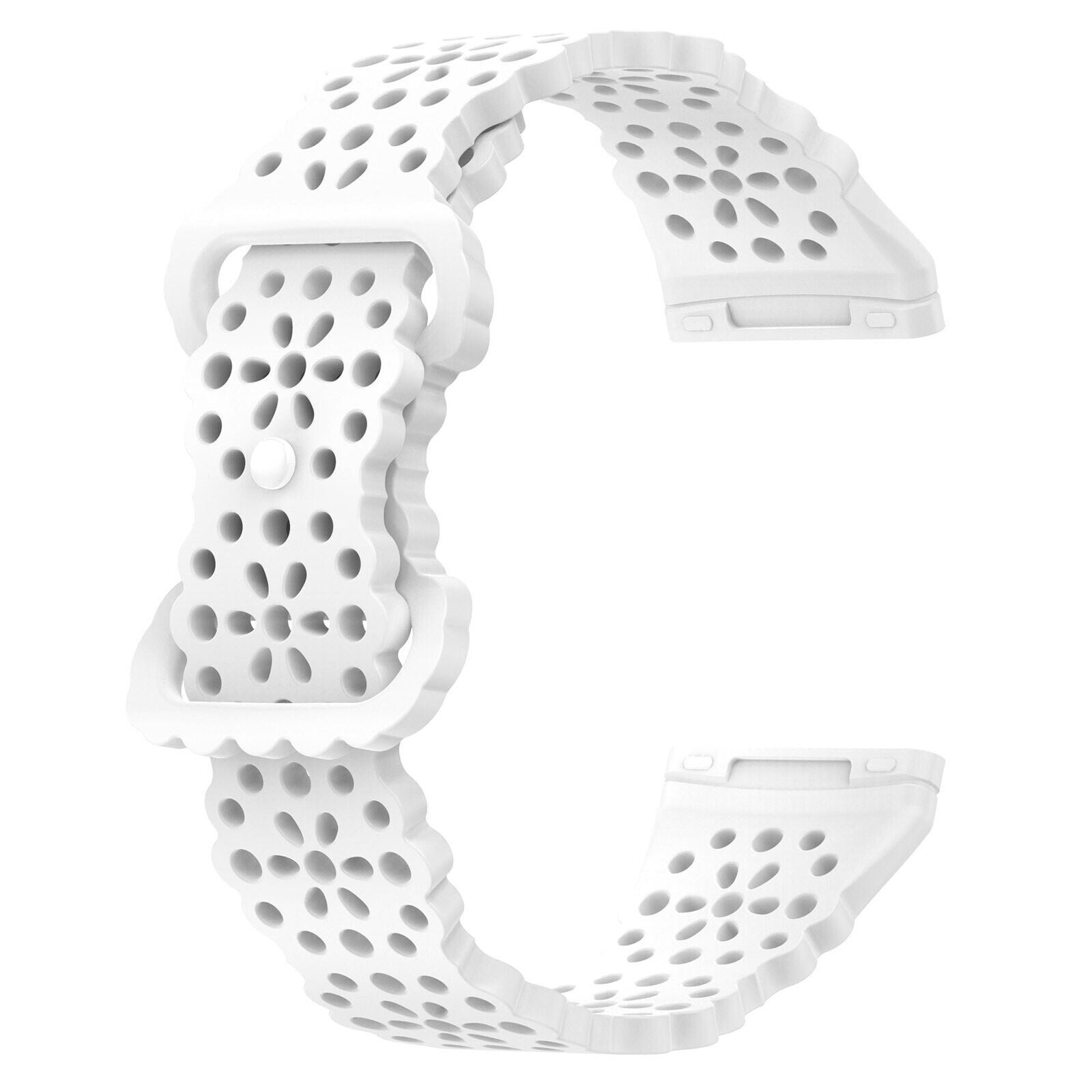 Ein weißes Uhrenarmband wird vor einem weißen Hintergrund angezeigt. Es hat ein perforiertes Design und eine Schnalle. Das Band ist gebogen.