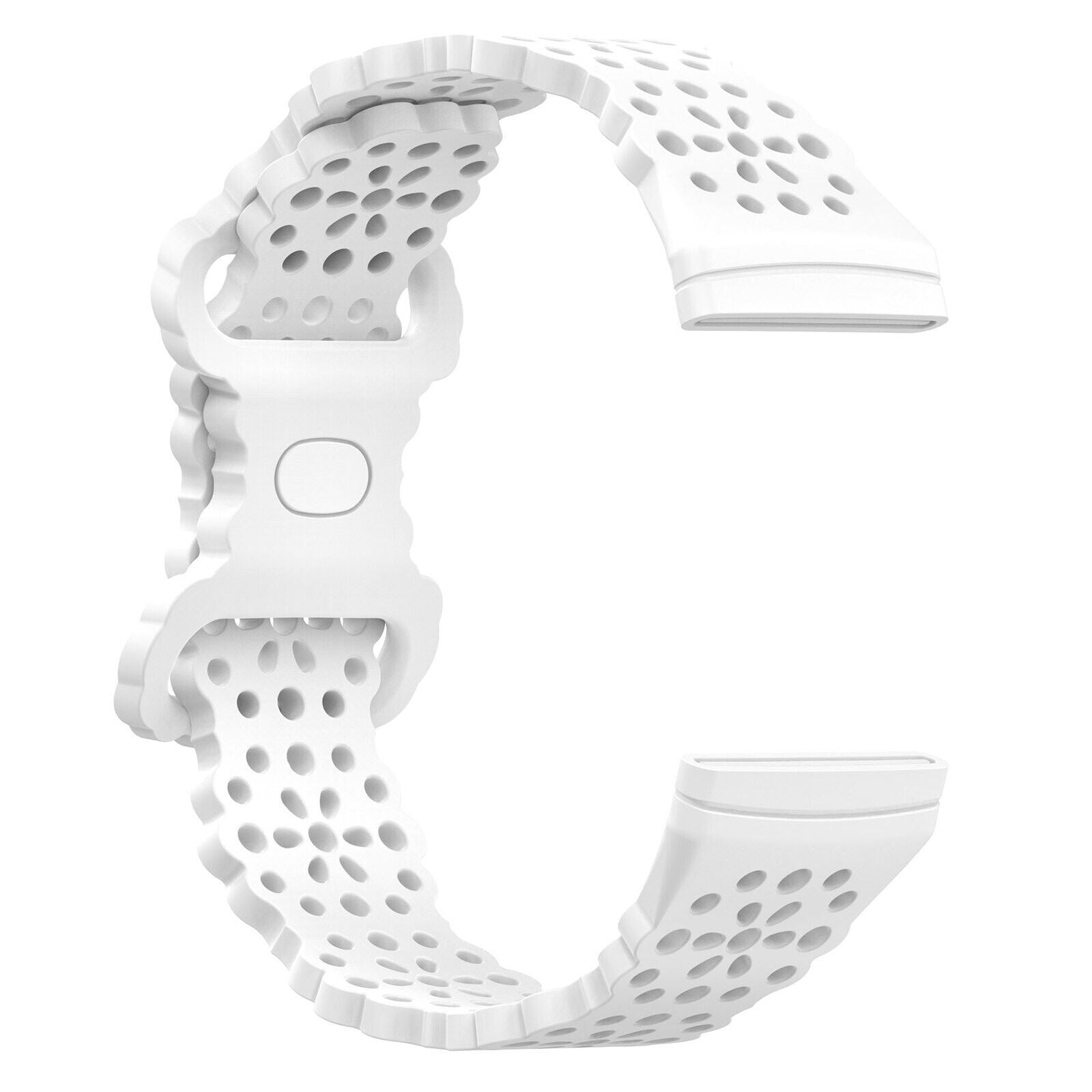 Ein weißes Uhrenarmband mit Löchern und einer Schnalle. Das Armband besteht aus flexiblem Material.