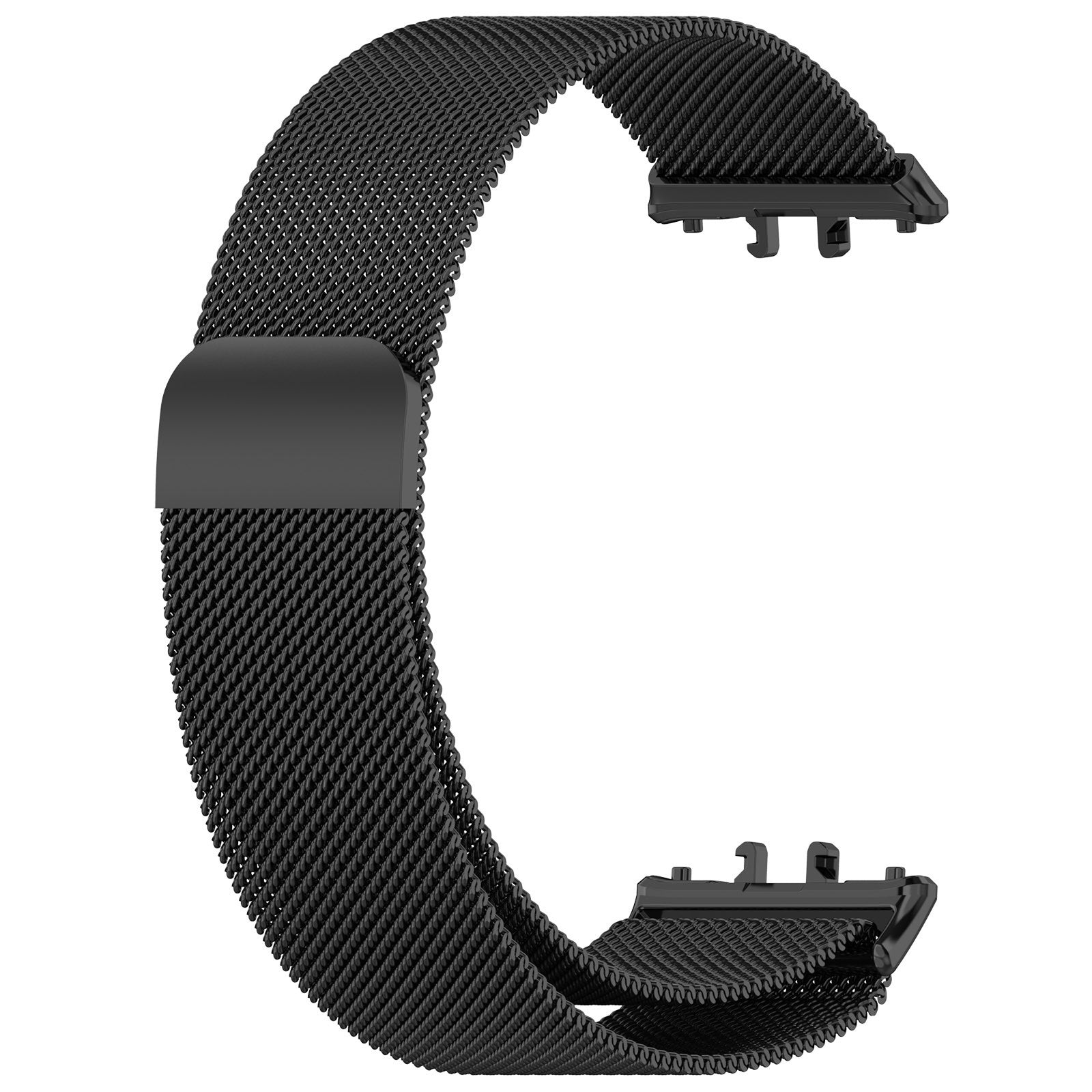 Ein schwarzes Uhrenarmband aus Mesh. Es hat einen Verschluss an einem Ende und einen Magnetverschluss. Weißer Hintergrund.