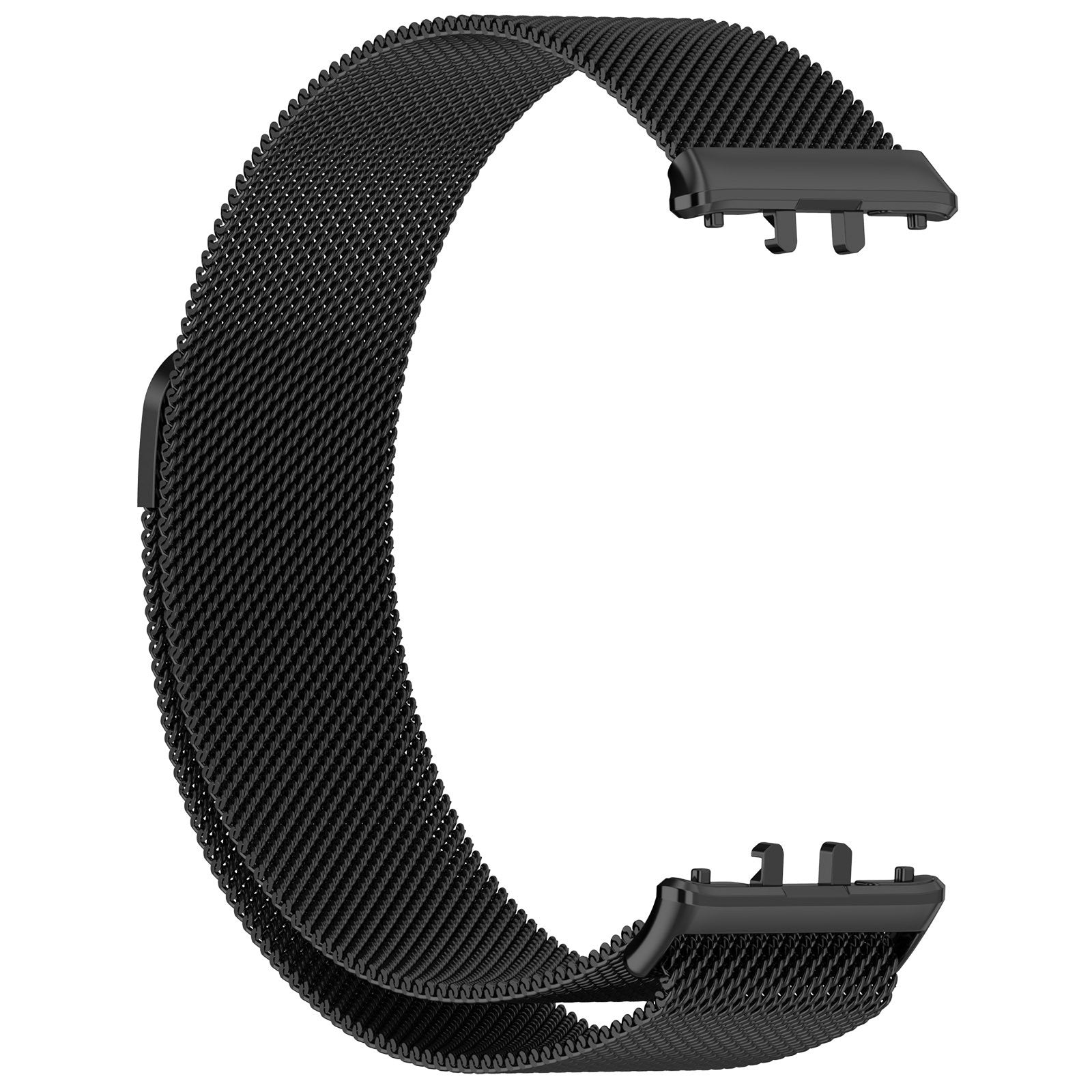 Ein schwarzes Mesh-Armband ist C-förmig gekrümmt. An den Enden befinden sich zwei schwarze Stecker. Weißer Hintergrund.