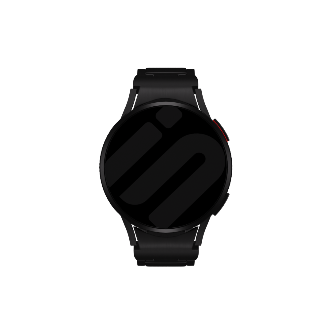 Eine schwarze Smartwatch mit rundem Bildschirm. Die Uhr hat ein schwarzes Armband und einen kleinen roten Knopf an der Seite. Der Hintergrund ist schwarz.