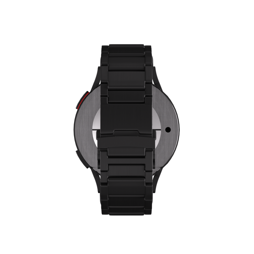 Schwarze Smartwatch, Rückansicht, mit einem dunklen Metallband und einem grauen kreisförmigen Zifferblatt. Der Hintergrund ist schwarz.