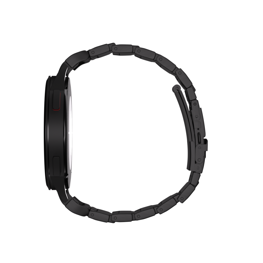 Eine schwarze Smartwatch ist im Profil zu sehen. Die Uhr hat ein rundes Zifferblatt mit einem weißen Bildschirm. Das Armband besteht aus verbundenen Gliedern.