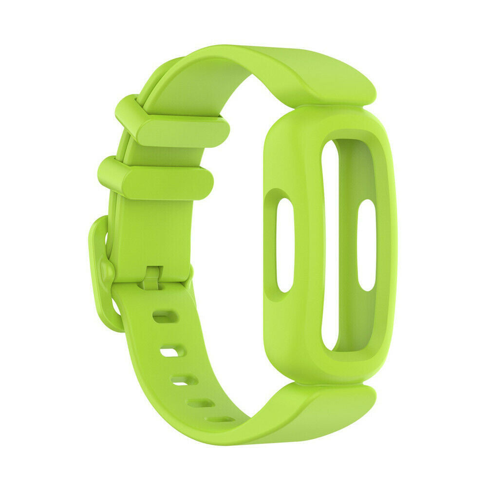 Ein limettengrünes Uhrenarmband vor weißem Hintergrund. Es hat eine Schnalle und mehrere Löcher zur Einstellung.
