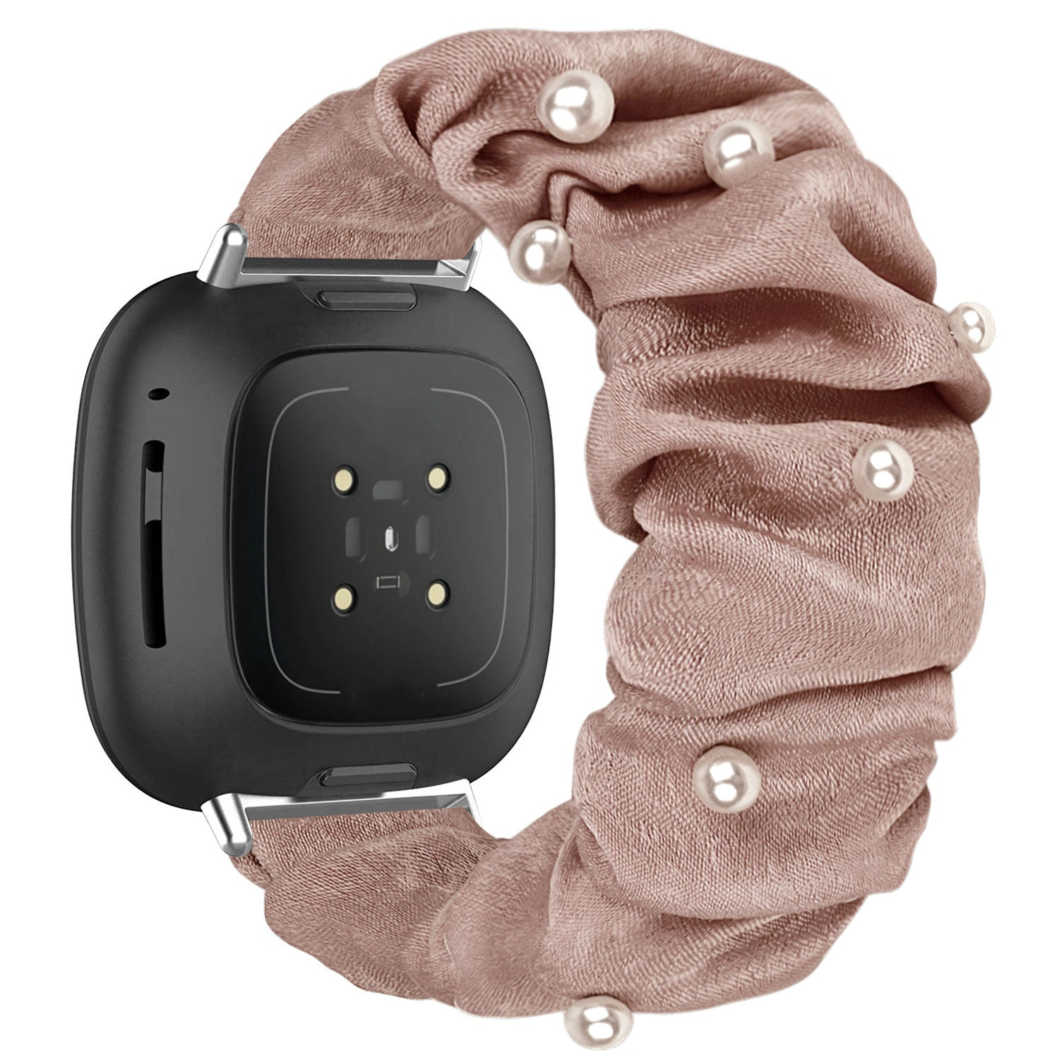 Eine schwarze Smartwatch mit einem Haarband im Scrunchie-Stil. Das Band ist mauvefarben und mit weißen Perlen verziert.