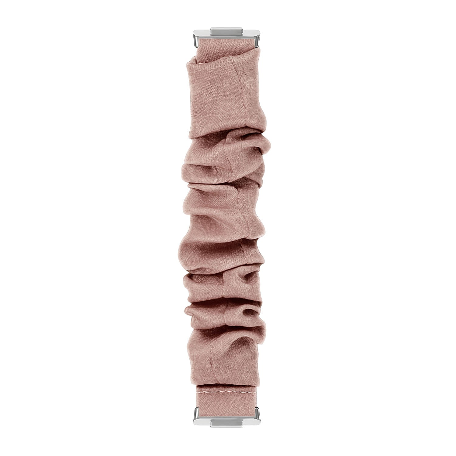Ein rosa Scrunchie-Uhrenarmband ist vertikal zentriert. Es hat Metallverschlüsse und besteht aus gerafftem, weichem Stoff.
