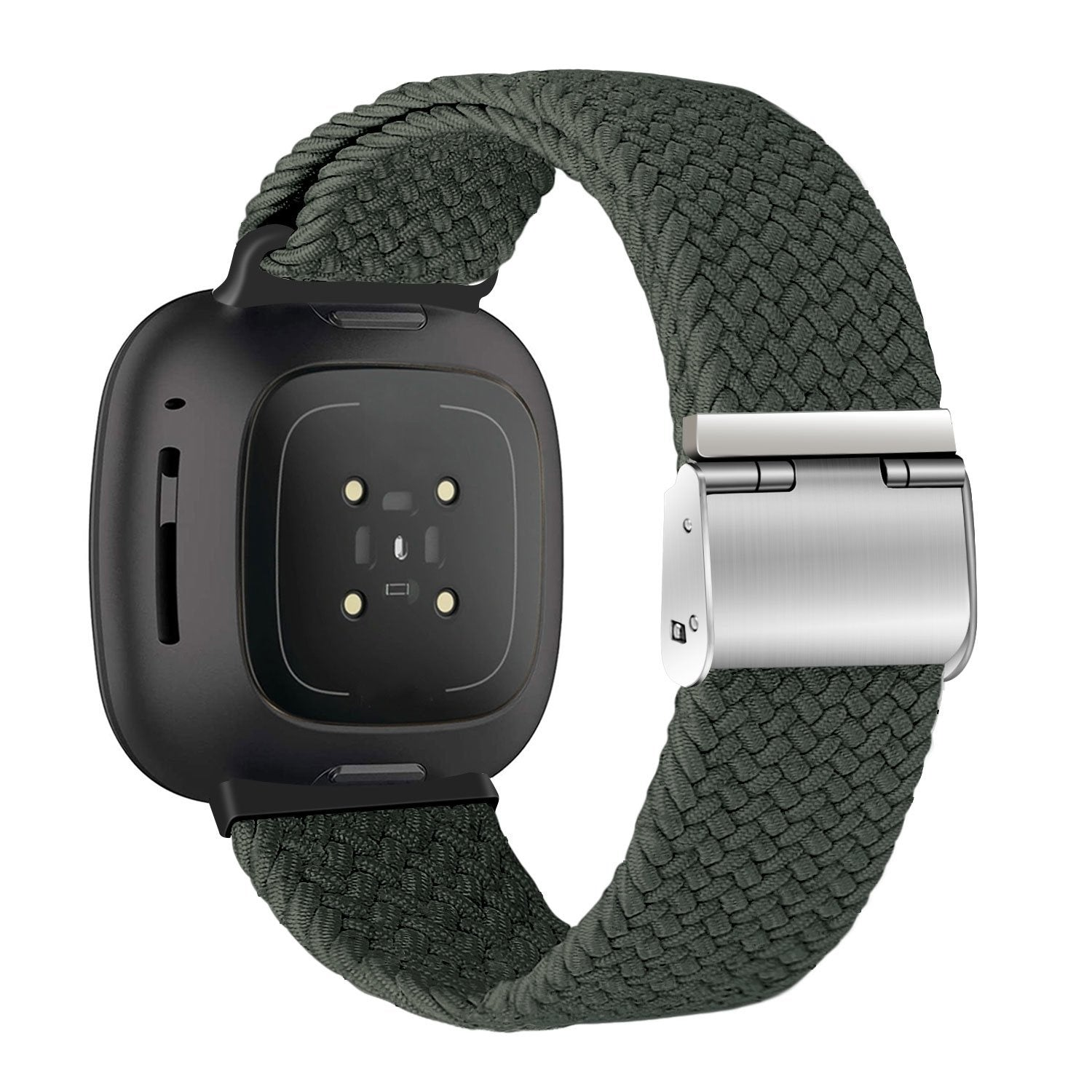 Eine schwarze Smartwatch mit dunkelgrünem gewebtem Armband. Das Armband hat einen silbernen Verschluss. Die Uhr zeigt Sensoren auf der Rückseite.