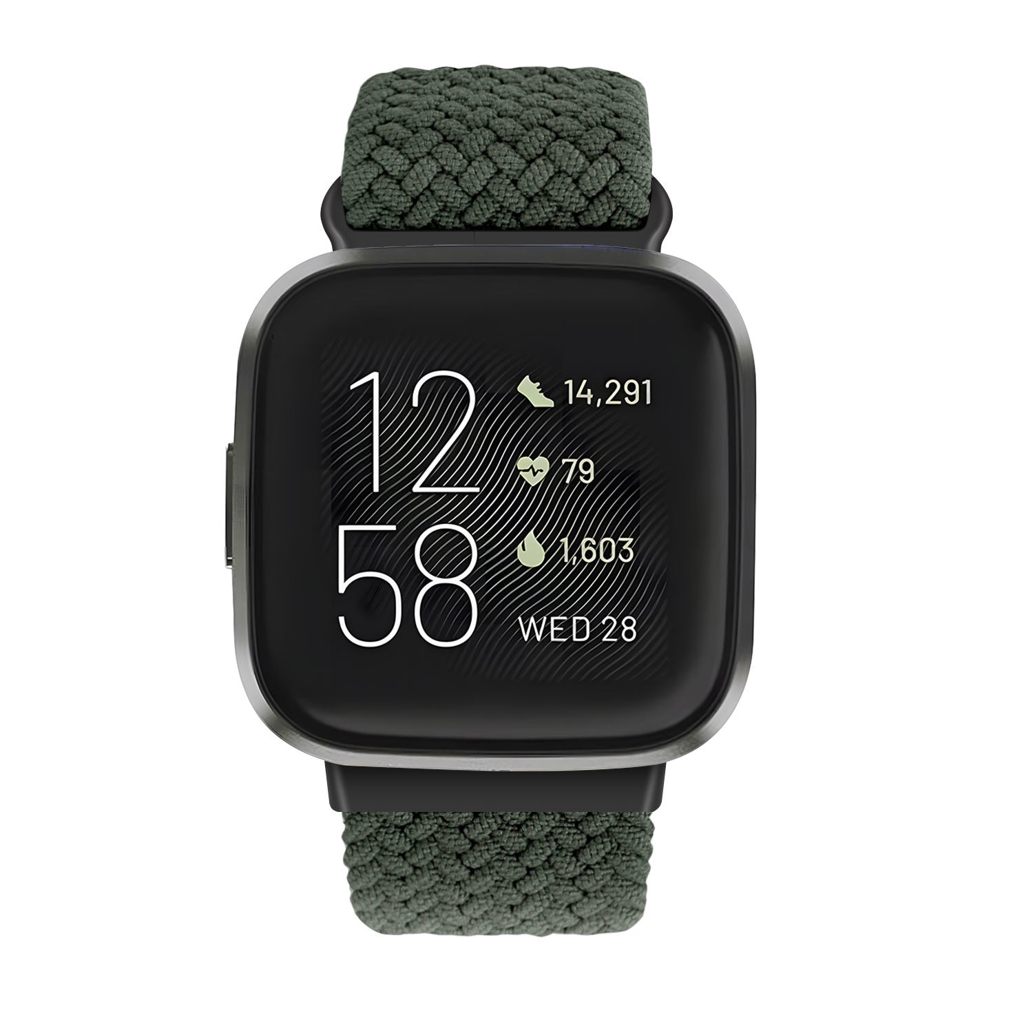 Eine Smartwatch mit grünem Band. Das Display zeigt Uhrzeit, Schritte, Herzfrequenz und Datum. Der Hintergrund ist weiß.