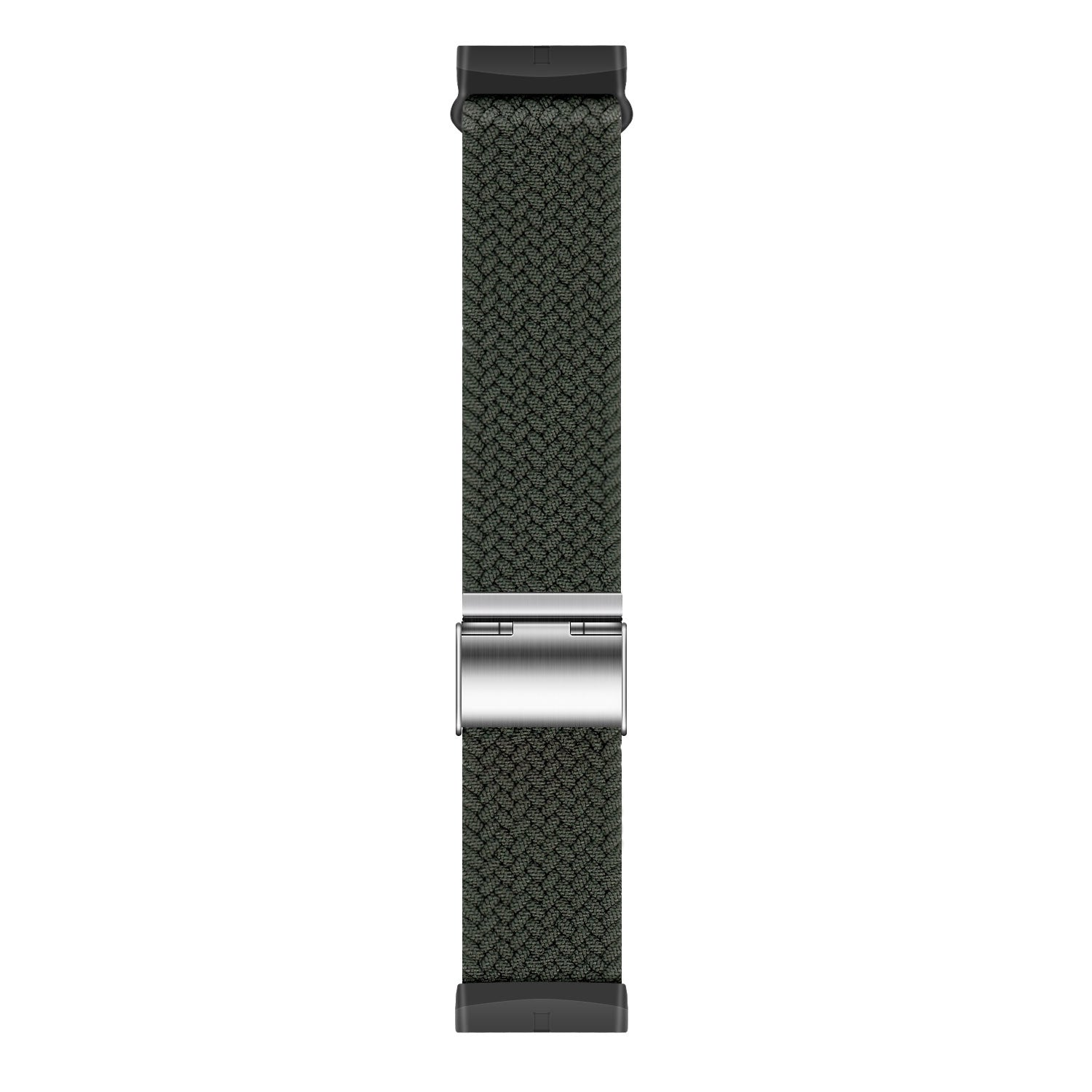 Ein dunkelgrünes, gewebtes Uhrenarmband. Schwarze Anschlüsse an jedem Ende und ein silberner Metallverschluss in der Mitte, alles auf weißem Hintergrund.