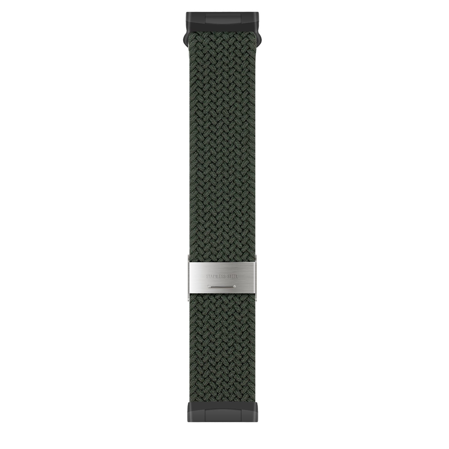 Ein dunkelgrünes, gewebtes Uhrenarmband mit Edelstahlschnalle. Schwarze Anschlüsse an beiden Enden. Der Hintergrund ist weiß.